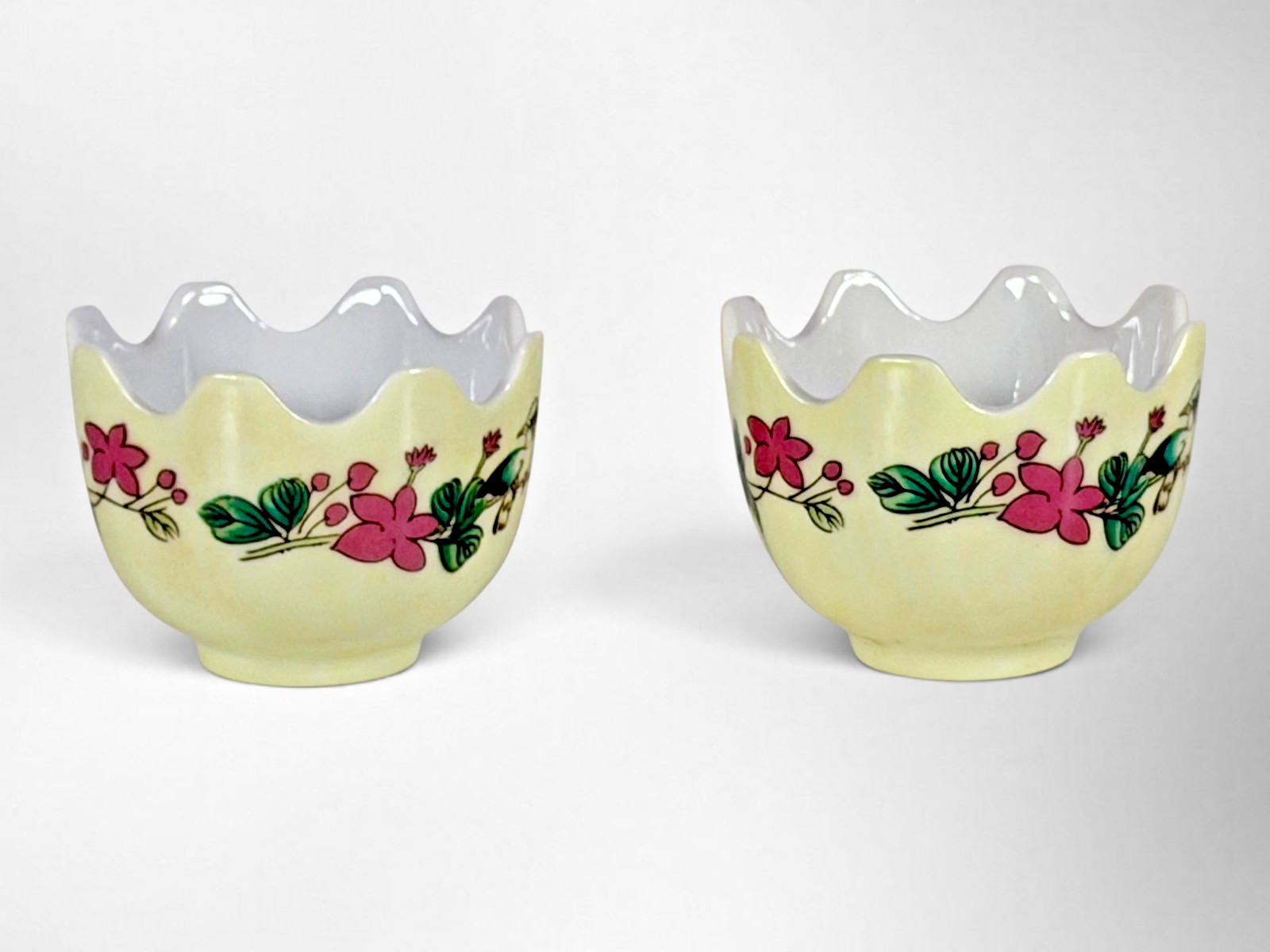 Vintage Pair Scalloped Porcelain Open Salt Cellars Bird Floral China