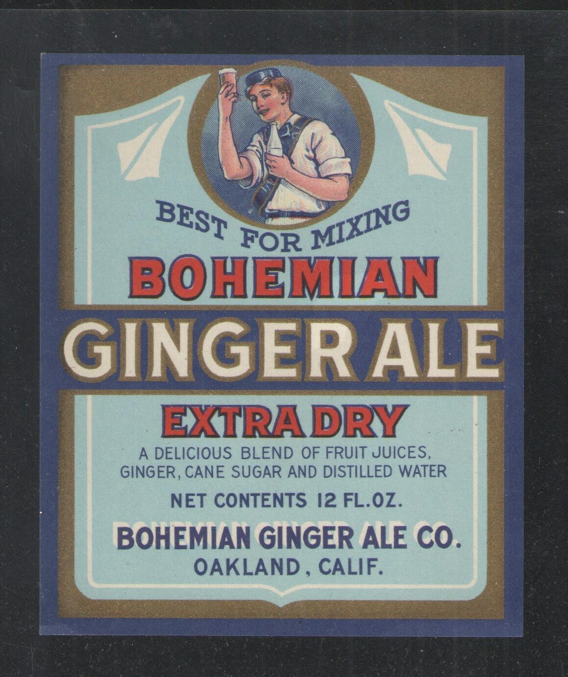 1920s BOHEMIAN GINGER ALE EXTRA DRY {BEST FOR MIXING} OAKLAND CALIF UNUSED LABEL