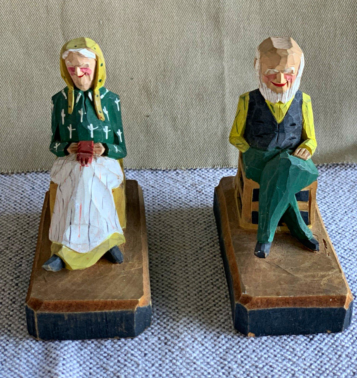 Hand Carved Hand Painted Wood Couple Figurines (Man & Woman) 2pc 1900-1919