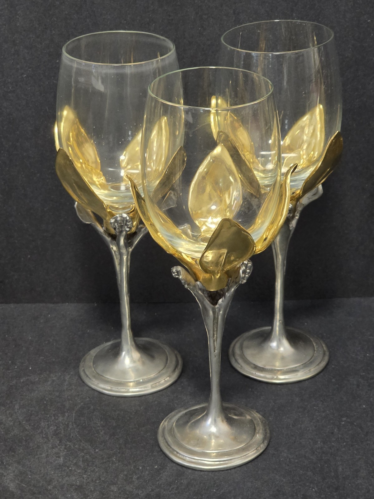 Castor Cooper Signed Water/Wine Glasses~Pewter Gold Vine Leaf Design Stem~8 3/8\