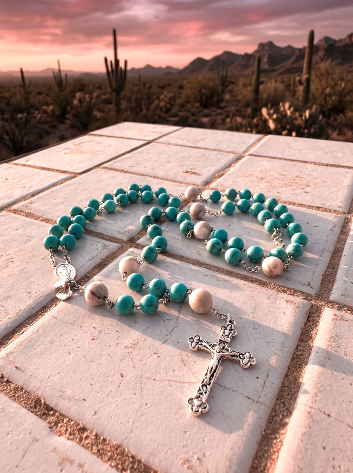 New Our Lady of the Desert Sleeping Beauty Turquoise Handmade Silver Rosary