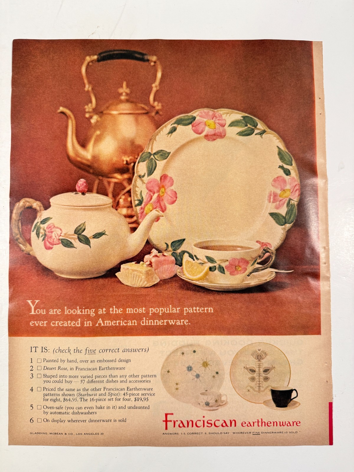 Vintage 1962 Franciscan Desert Rose Earthenware Plate Advertisement Print Ad