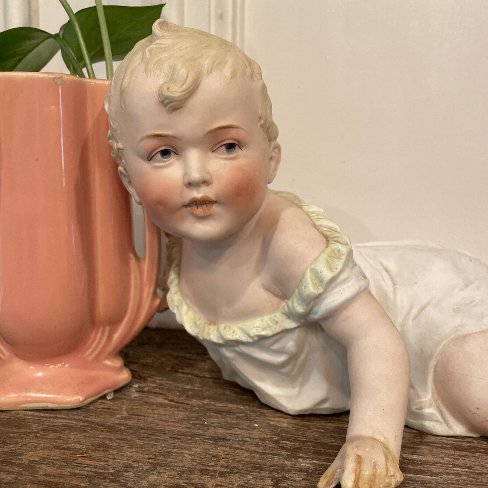 Beautiful Yet Creepy Antique Heubach Porcelain Piano Baby Statue Broken Arm 436