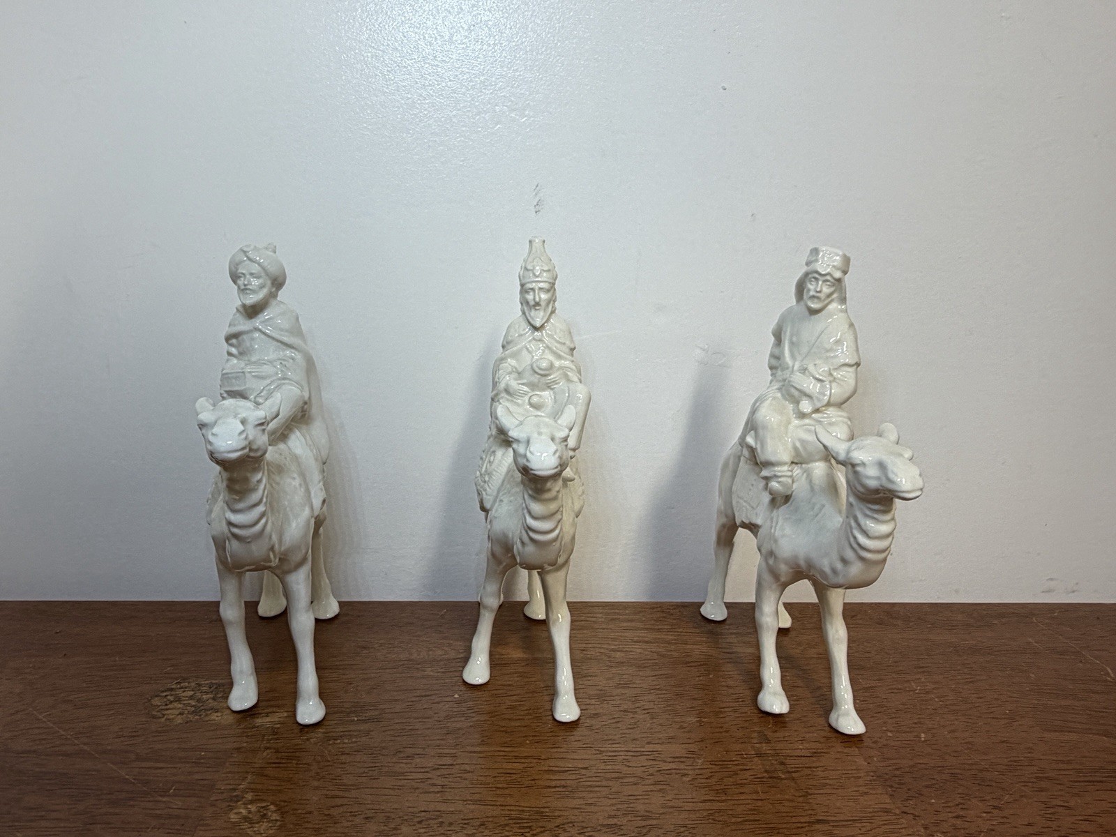 Vintage Three Wise Men on Camels Figurines Set of 3 White Ceramic Nativity Magi