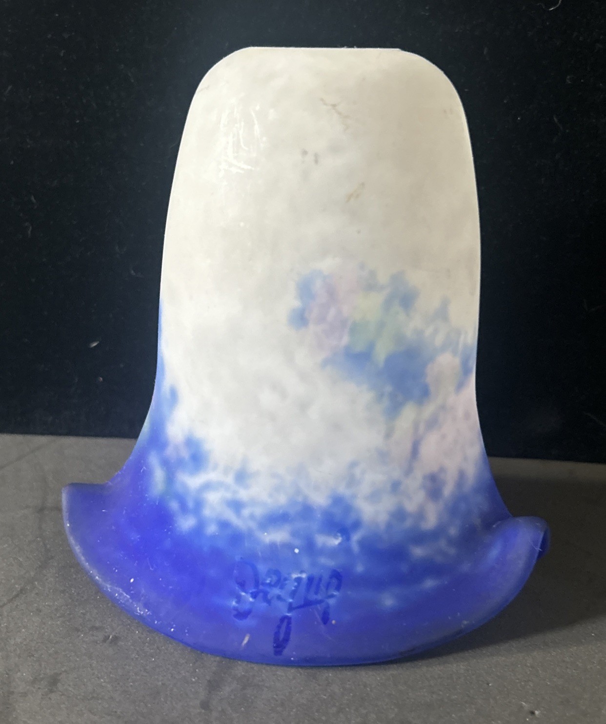 Vintage Degue France frosted blue tulip glass lamp shade signed 5 1/4”