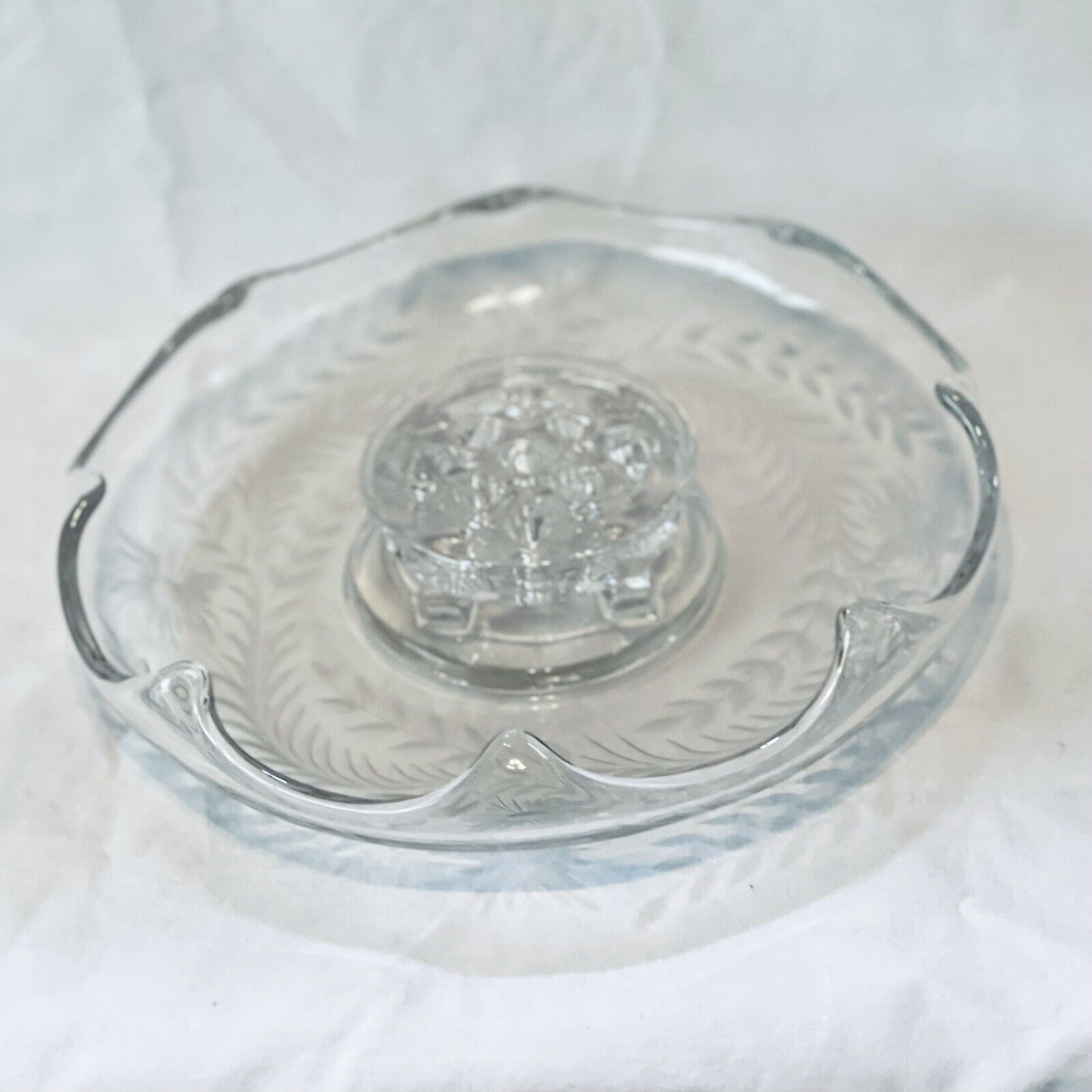 Vintage Ikebana Flower Frog In Clear Blown Glass Scalloped Dish