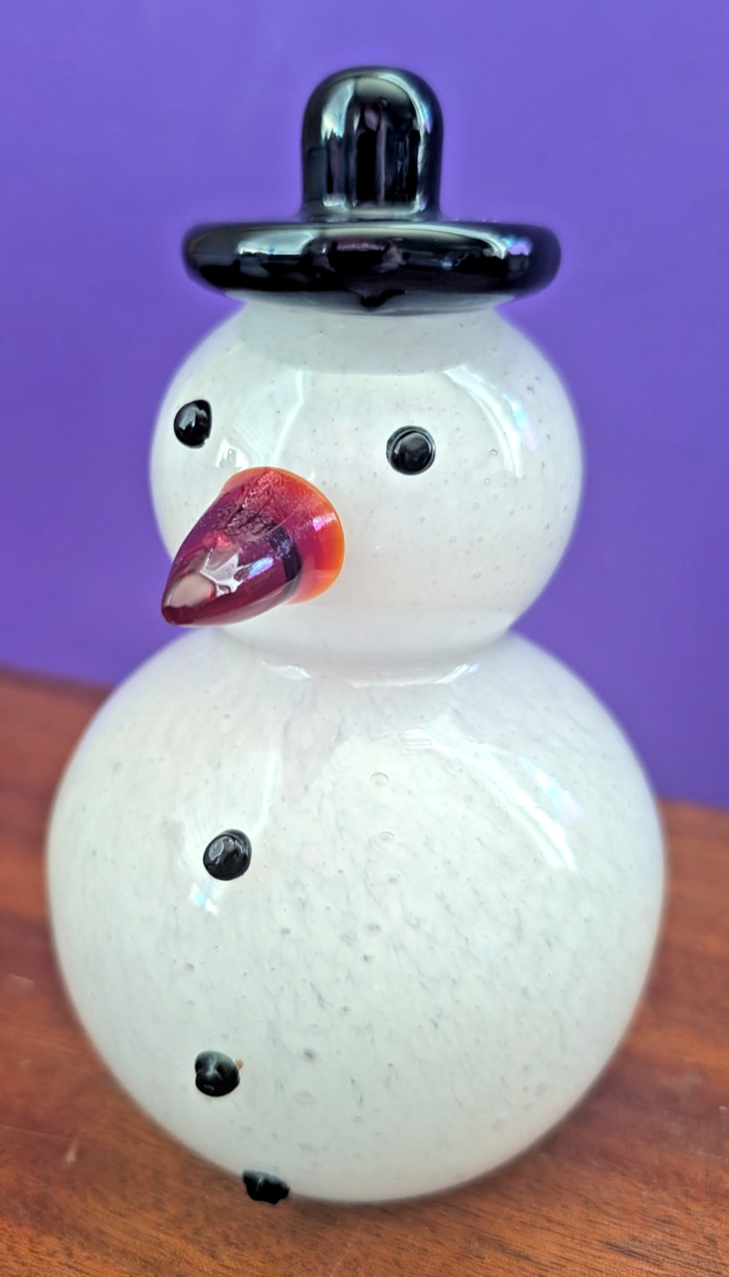 Hand Blown Art Glass Snowman Figurine Black Top Hat Carrot Nose 6