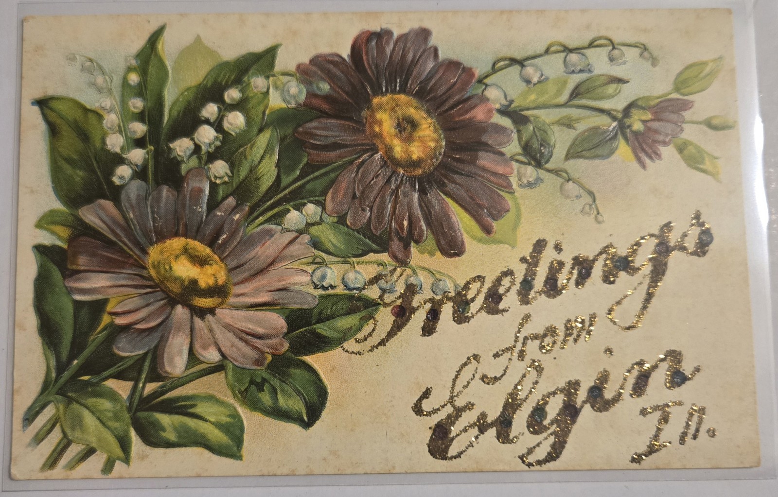 Greetings From Elgin , Illinois IL Antique Glitter Unused Postcard F7 