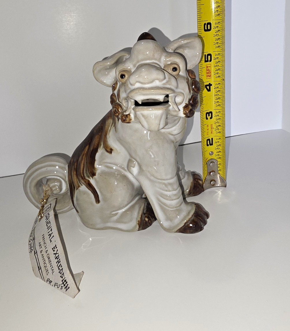 Vintage Ceramic Oriental Dog Figurine 6 in White & Brown Glossy Finish