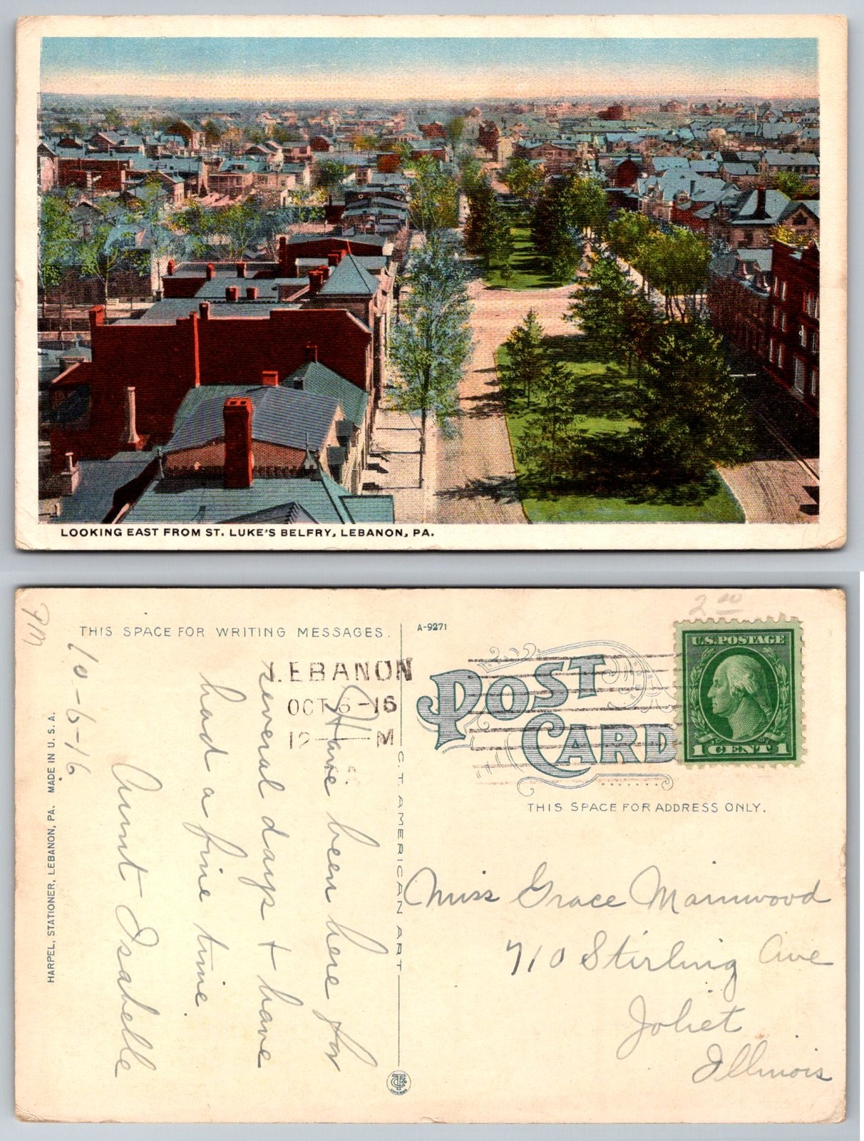 Lebanon Pennsylvania Looking East St Luke\'s Belfry City View Harpel Postcard
