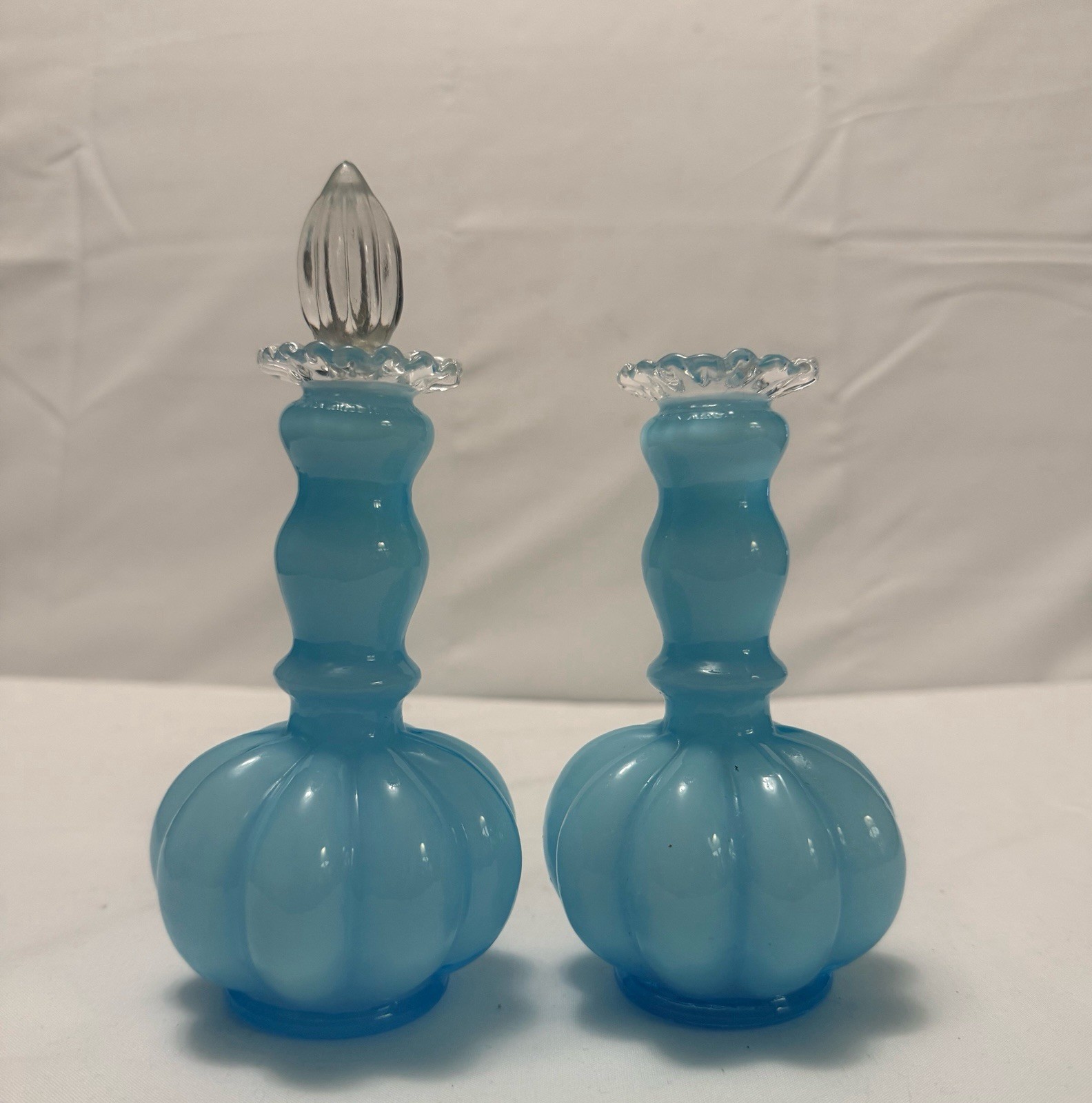 Vintage 60s Fenton Powder Blue Azure Crest Melon Ribbed Perfume Bottle Pair