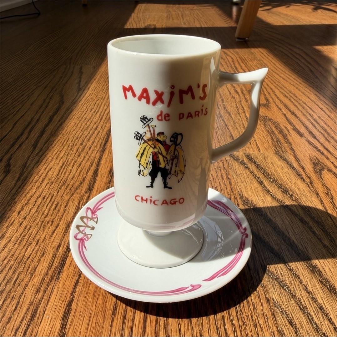 VTG Maxim\'s de Paris Ceramic Coffee Cup & Saucer Set White Pink MCM