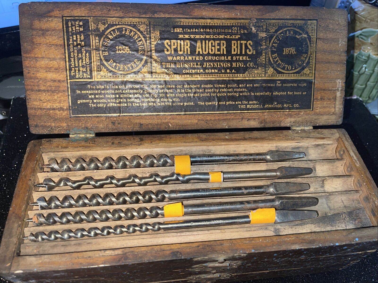 Russel Jennings Brace Spur Auger Drill Bits Quarters Wood Boring Tool Box