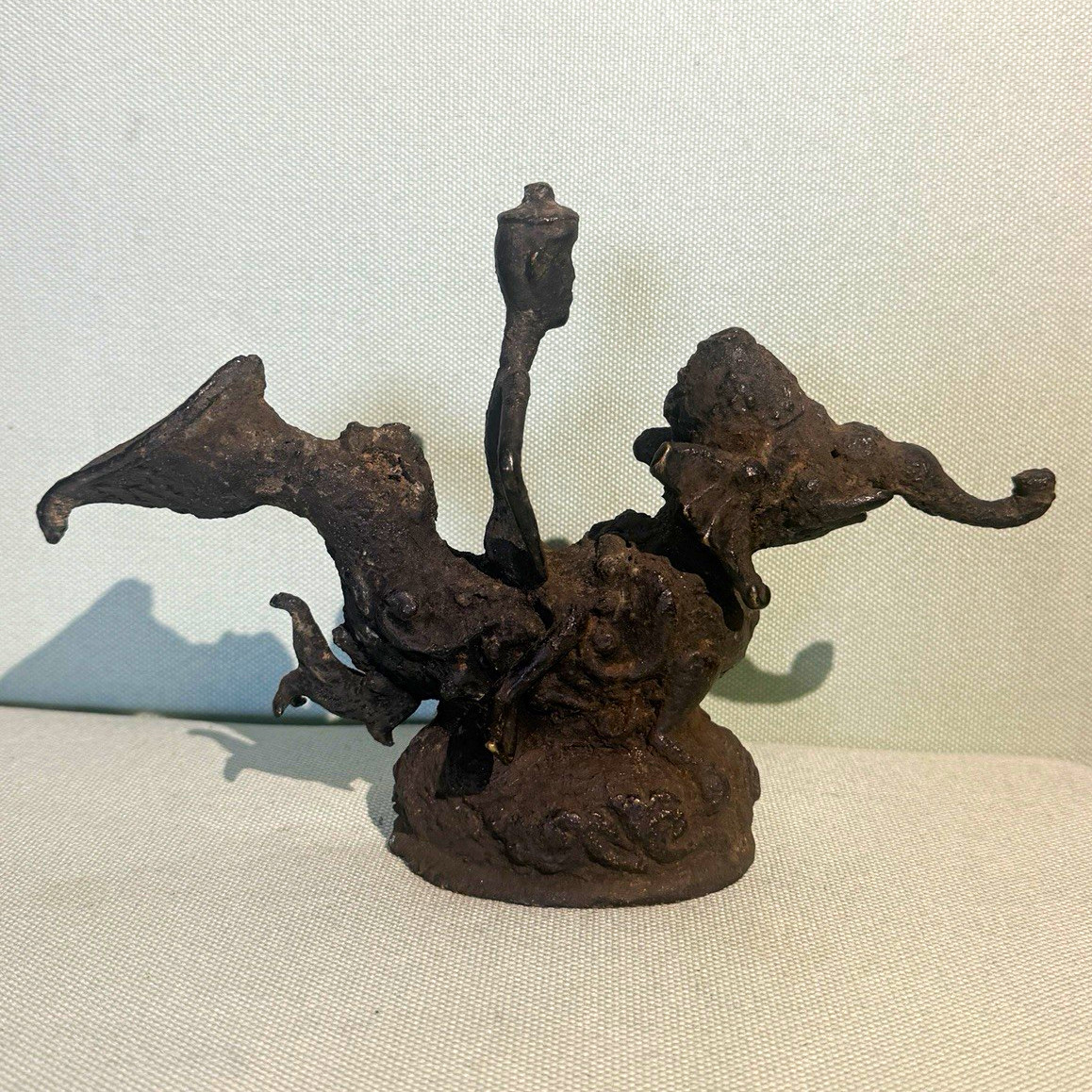 Vintage Cast Metal Mythological Figurine Sculpture – Heavy Patina / Asian Style