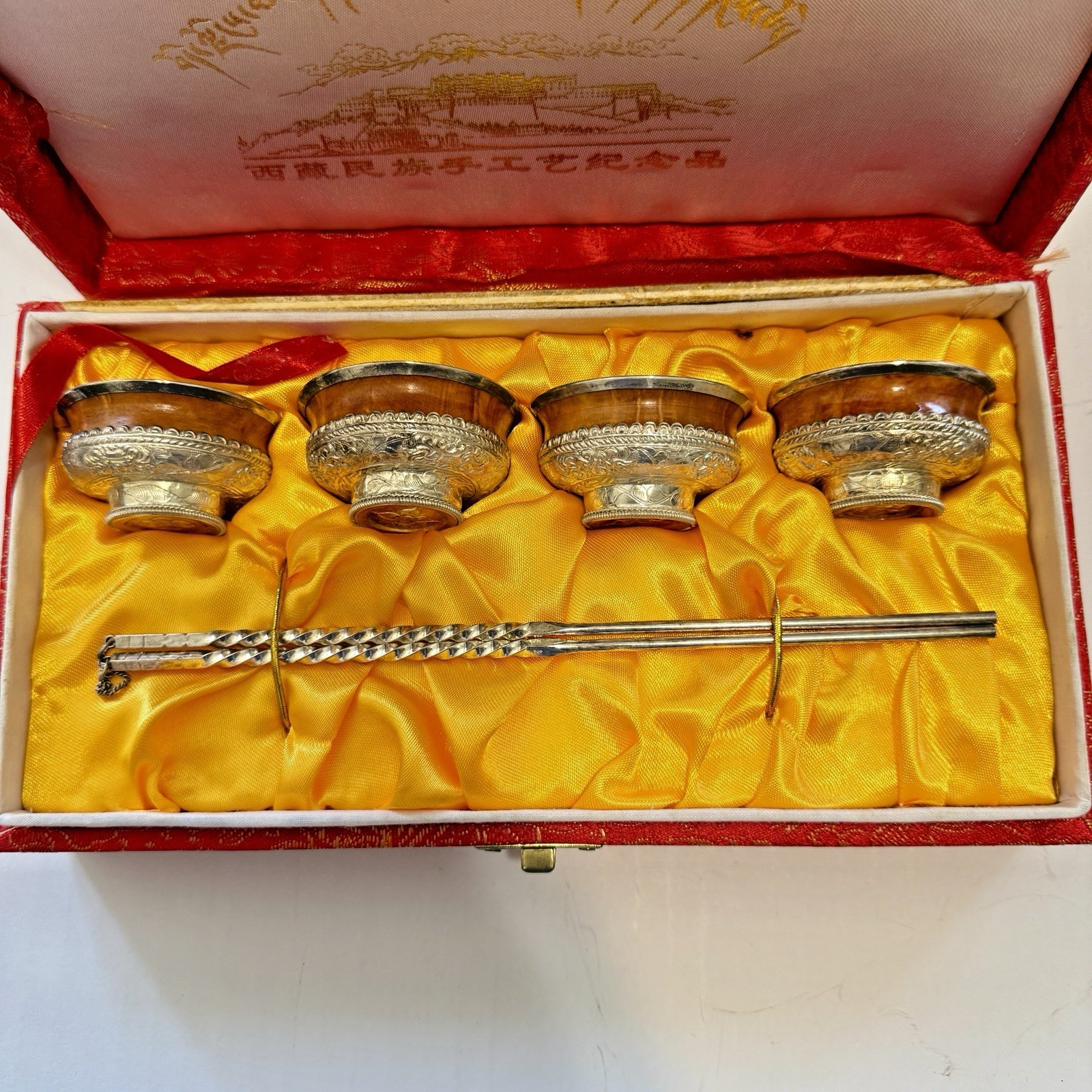 VTG Tibetan 925 Sterling Silver Gold Wash Burlwood Tea Bowl Chopstick Set Boxed