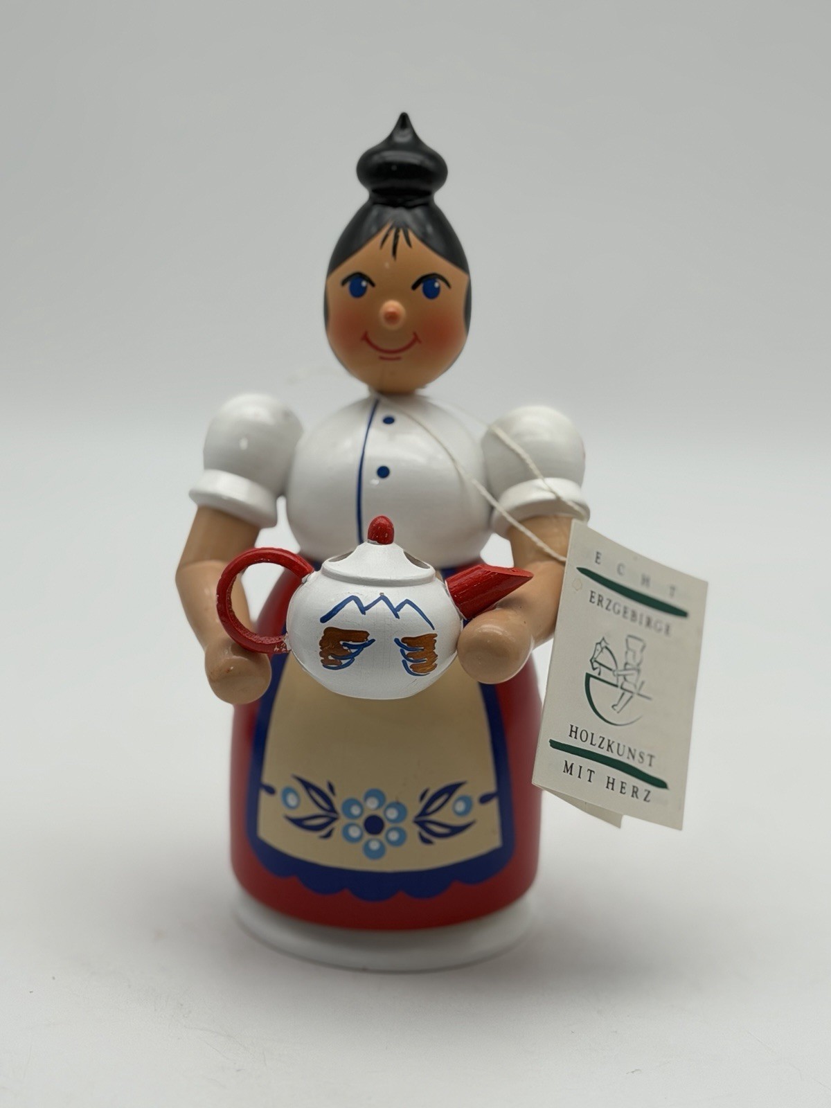 Erzgebirgische Volkskunst Incense Smoker Woman with Apron Holding Teapot Wooden