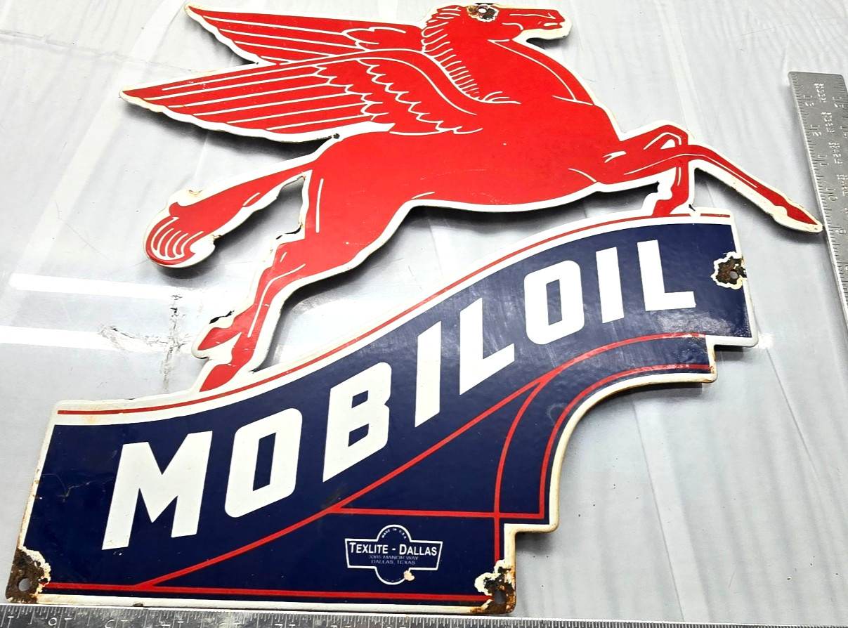 Vintage Mobil OIL Gasoline Sign Pegasus Motor Oil Gas Pump Porcelain Large Sign