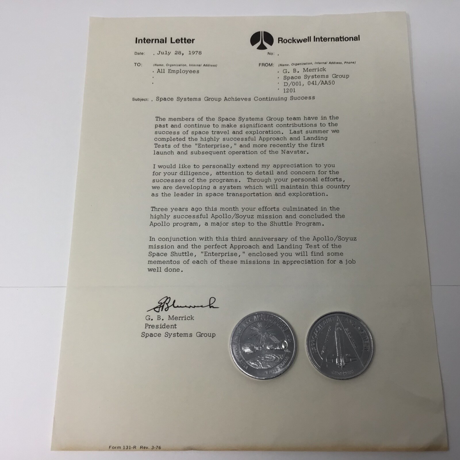 internal letter Momentos of Missions Apollo/Soyuz + “Enterprise