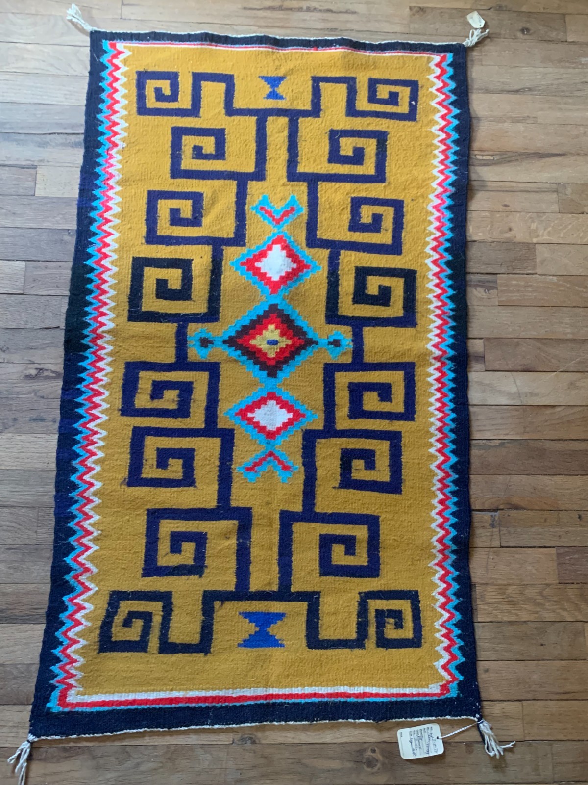Vintage 1974 Hand-Woven Zapotec Wool Rug - Oaxacan Storm Pattern Tapestry