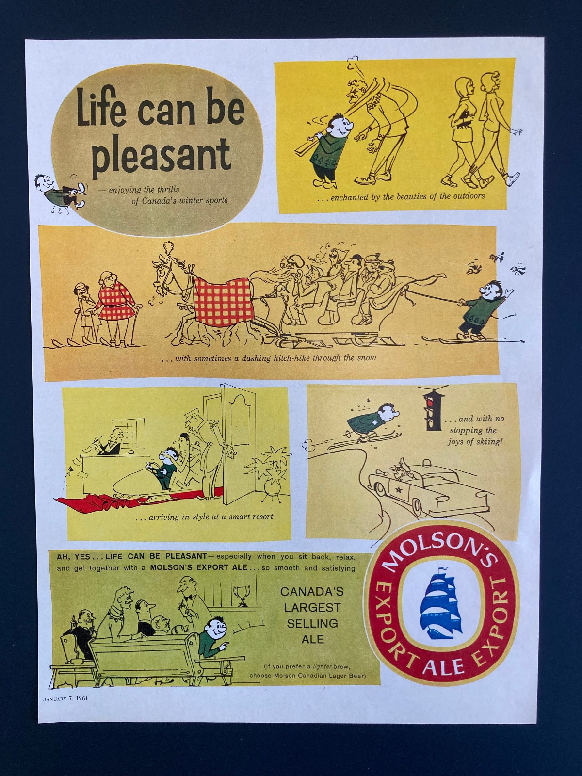 1961 CANADA CANADIAN AD BEER BREWERY MOLSON'S WINTER SPORTS CARTOONS FUNNY