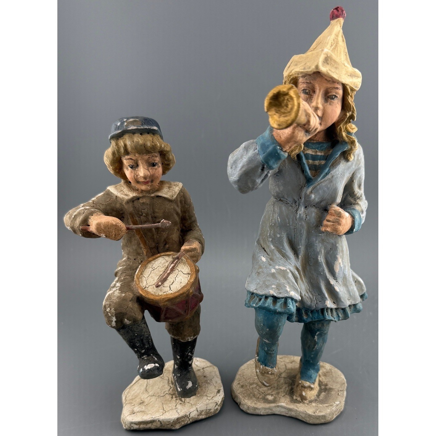 Vintage Composition Civil War Style Drummer Boy & Bugler Figure Pair