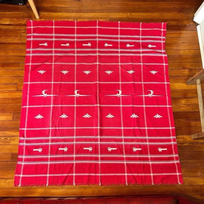 Vintage Handwoven Tablecloth Red and White Bird Motif MCM Linen 50x56