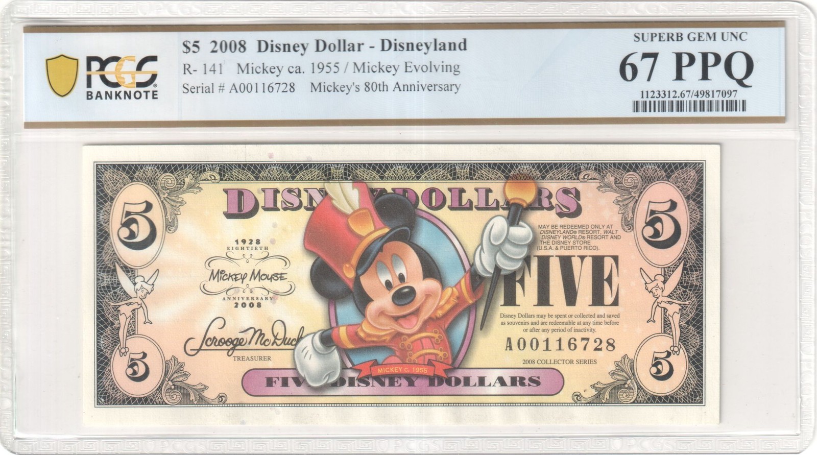 2008 R-141 $5 Disney Dollar Mickey Evolving PCGS Graded 67 PPQ 2008 R-141 $5 Disney Dollar Mickey Evolving PCGS Graded 67 PPQ