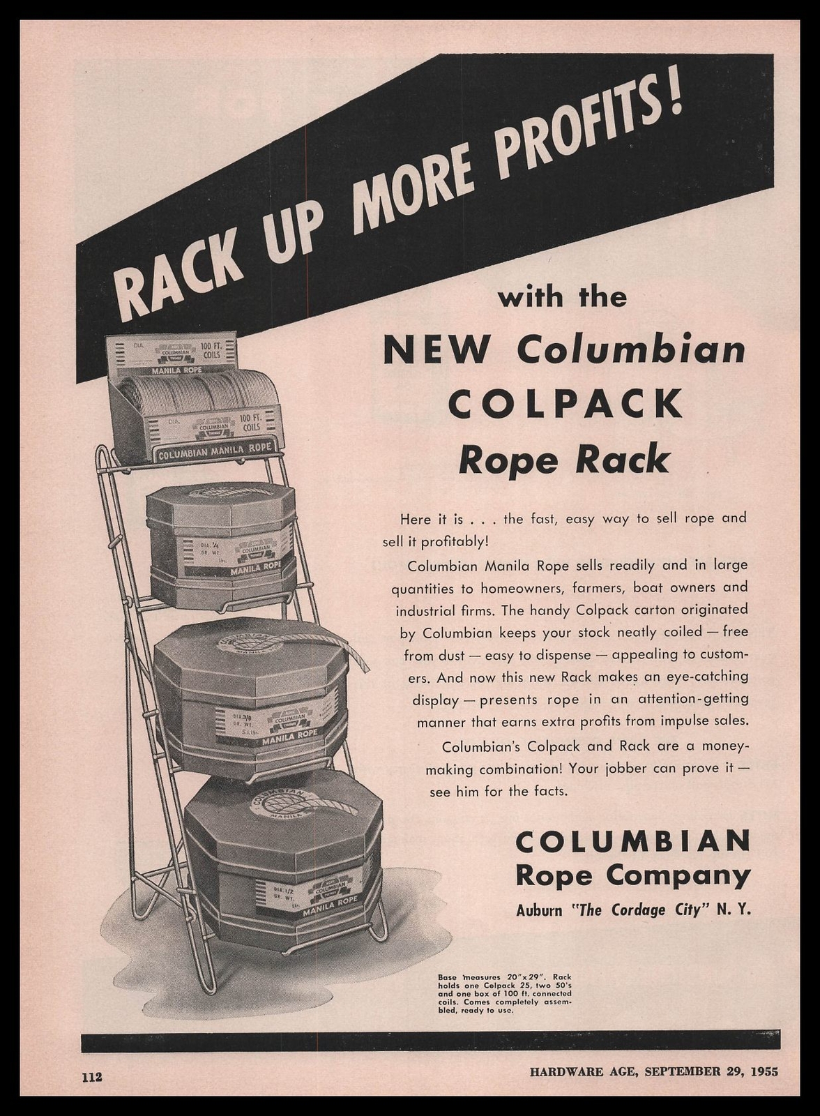 1955 Columbian Rope Auburn New York Colpack Rope Rack Display Vintage Print Ad