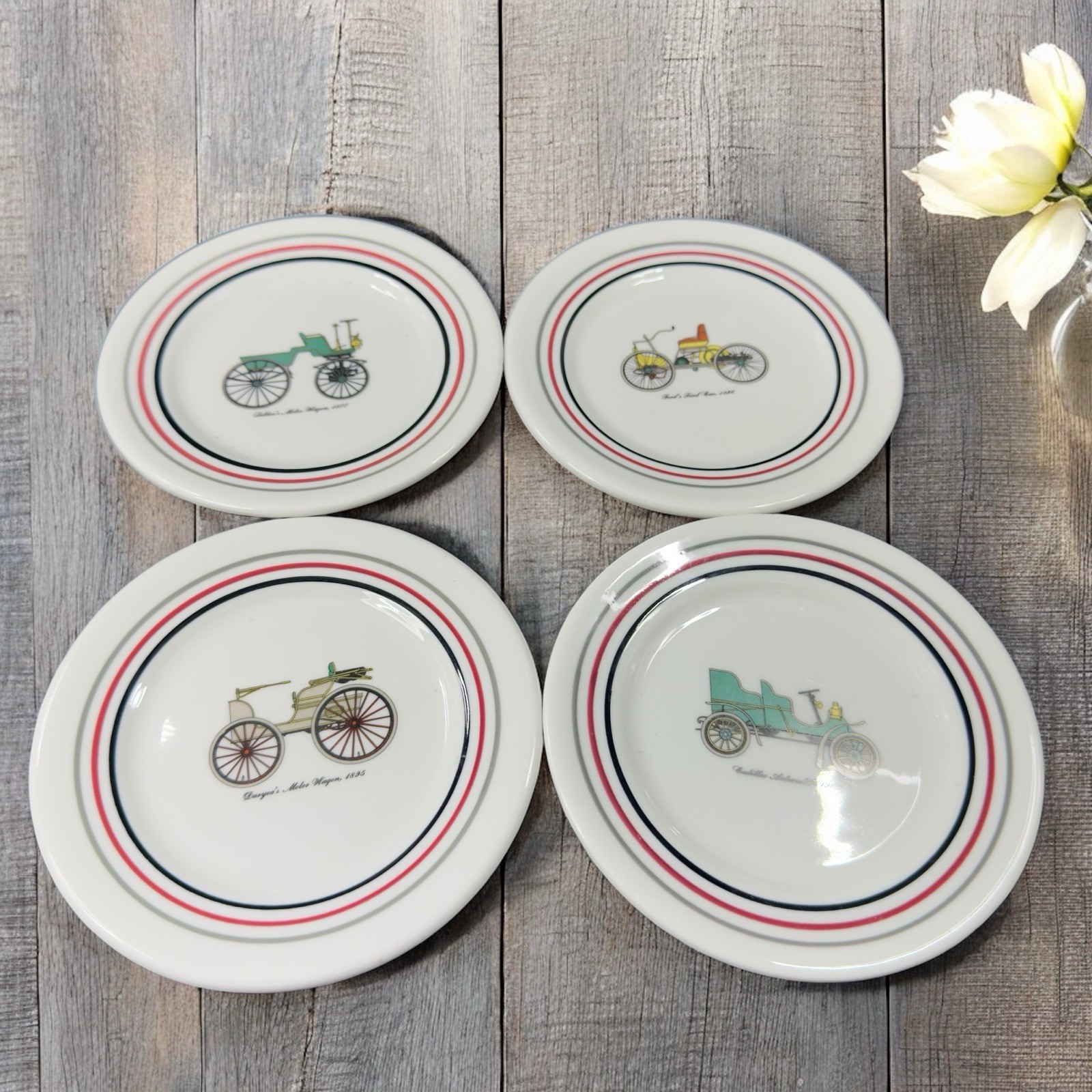 Shenango China RIMROL Restaurant Ware USA Antique Cars All Different Plates Set4 Shenango China RIMROL Restaurant Ware USA Antique Cars All Different Plates Set4