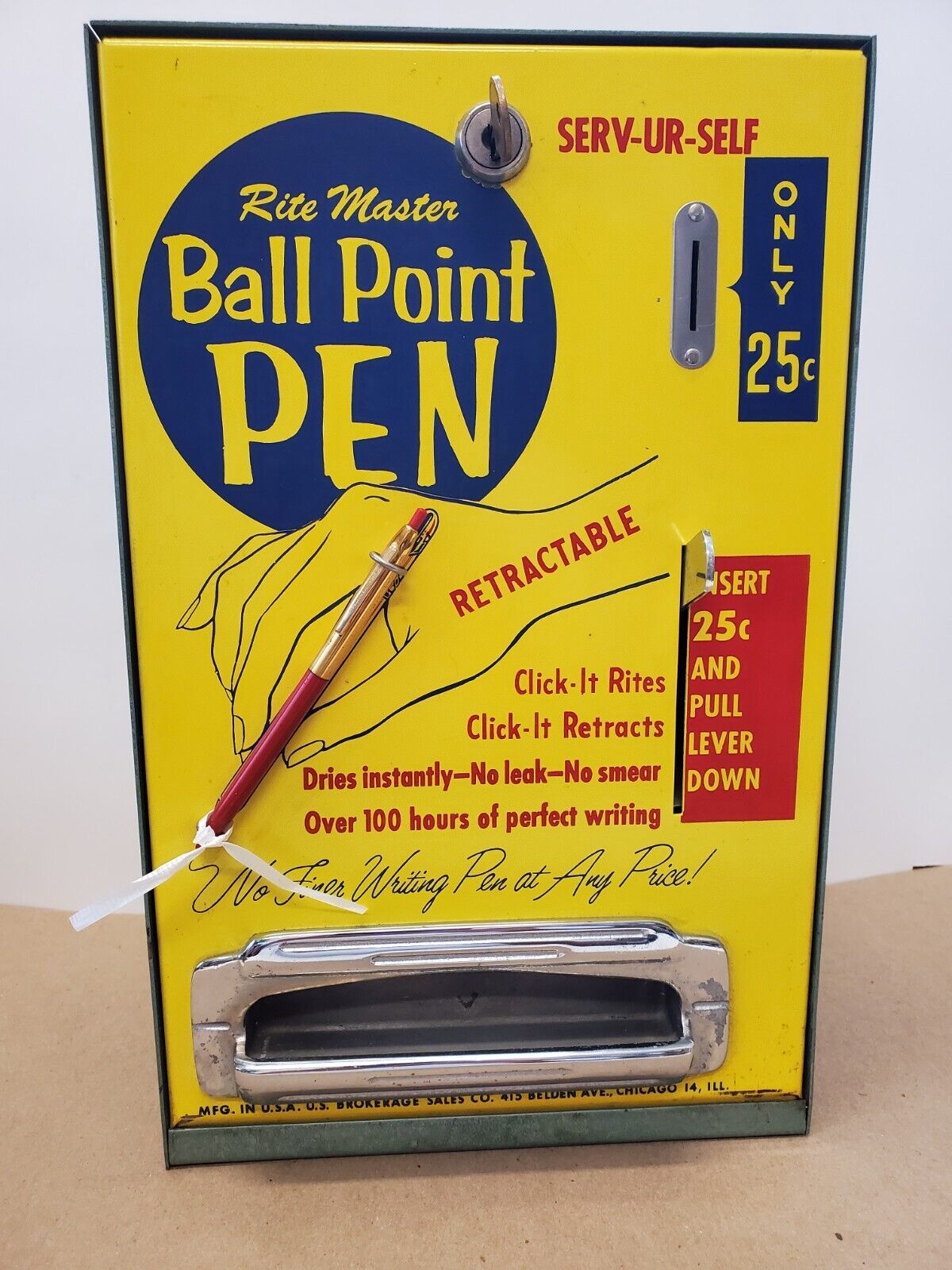 1950's Rite Master 25¢ Ball Point Pen Vending Machine w/KEY & Product WORKS 
