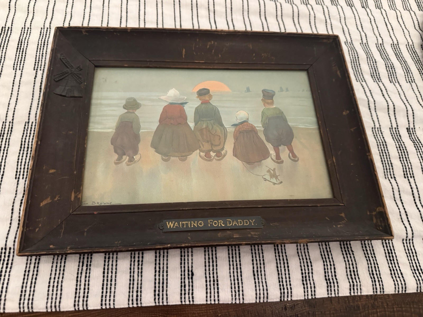 Waiting For Daddy – Tom Browne In Original Wood Carved Frame w/Windmill Detail