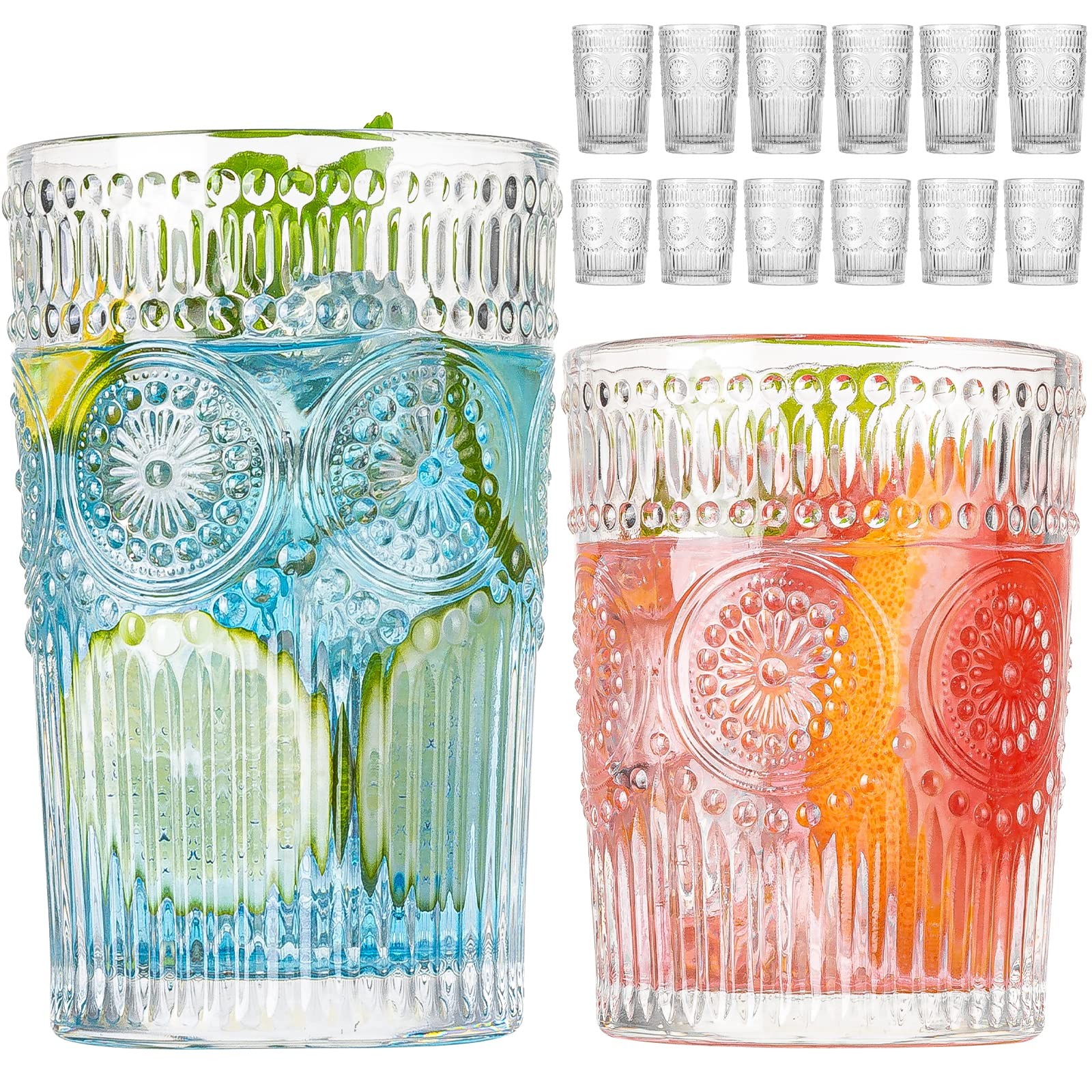 wookgreat 12 Vintage Textured Striped Drinking Glasses Set Highball & Rocks
