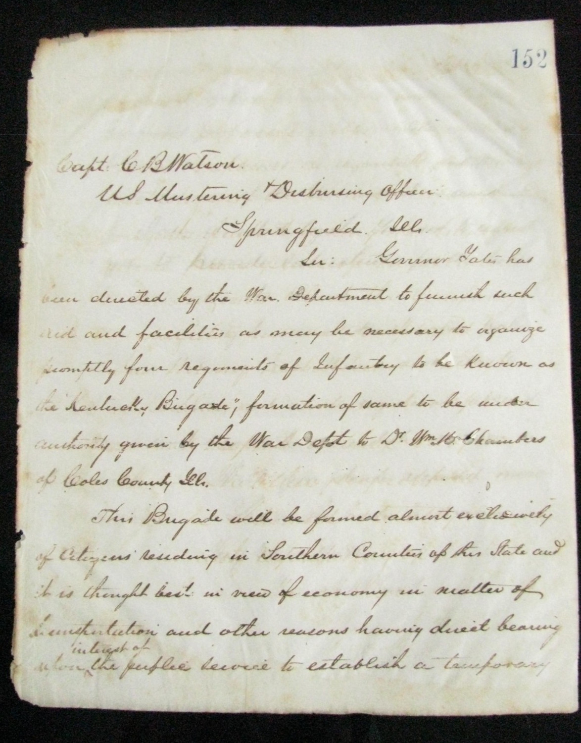 CIVIL WAR KENTUCKY BRIGADE ILLINOIS ORGANIZING INFANTRY REGIMENTS LETTER