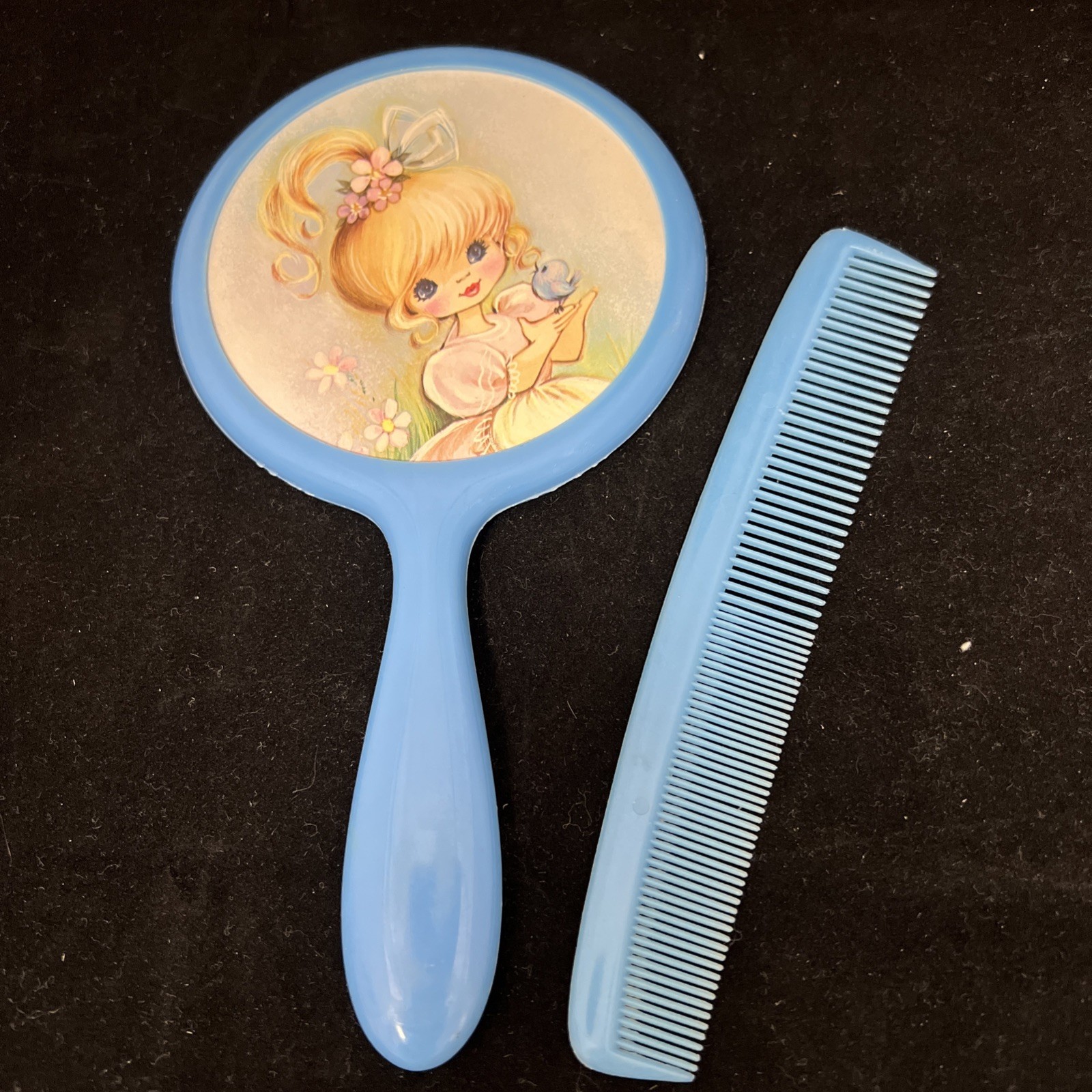 Vintage Child’s Hand Held Mirror & Comb 60’s Or 70’s Blue Blonde Girl Bluebird