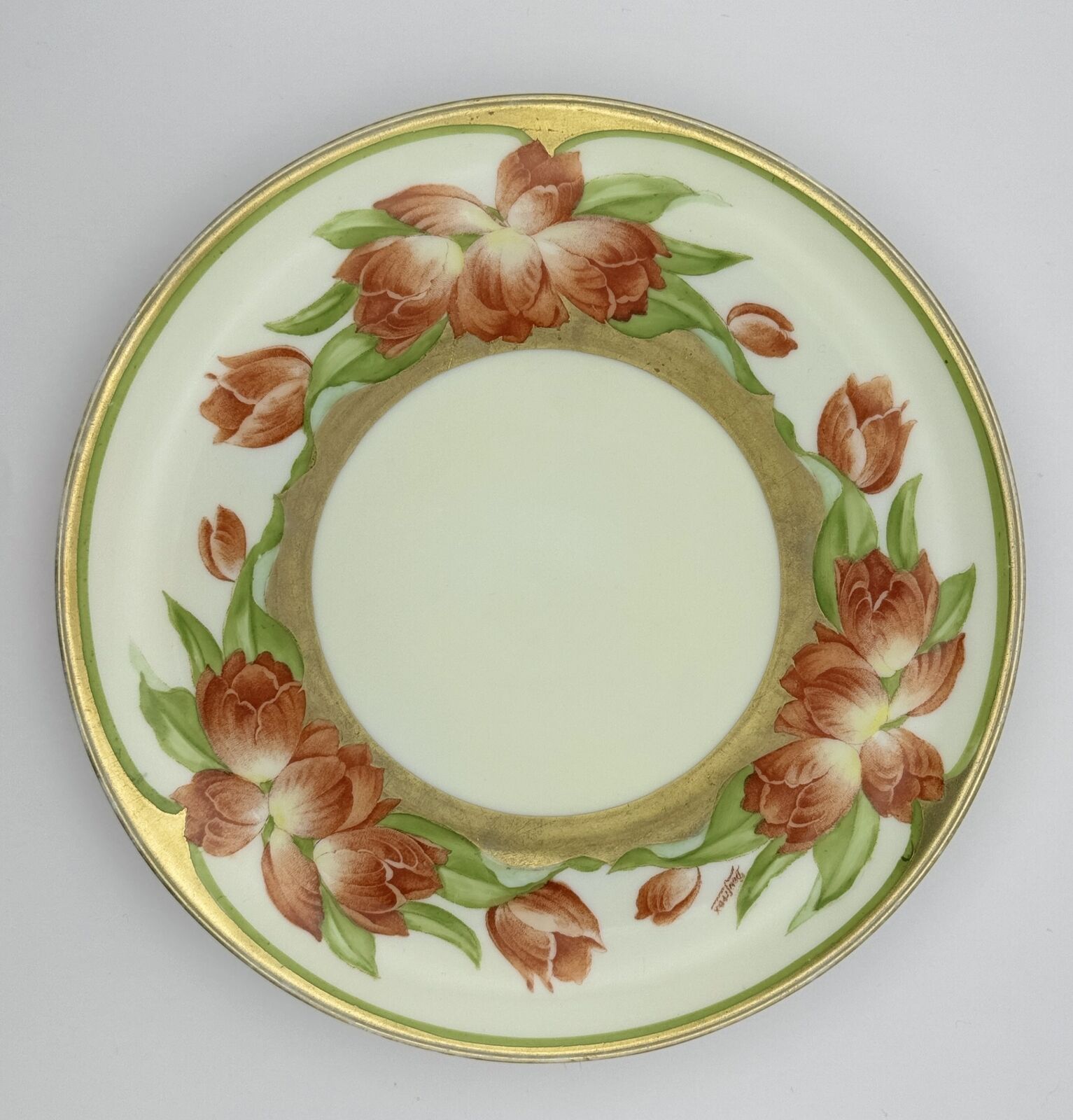 PT Bavaria Red Tulips & Gold, Hand-Painted Porcelain Plate Signed by Doufreux