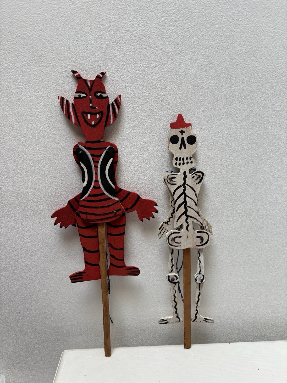 Skeleton & Devil Two Vintage Handmade Wooden Mexican Folk Toy Jumping Jacks