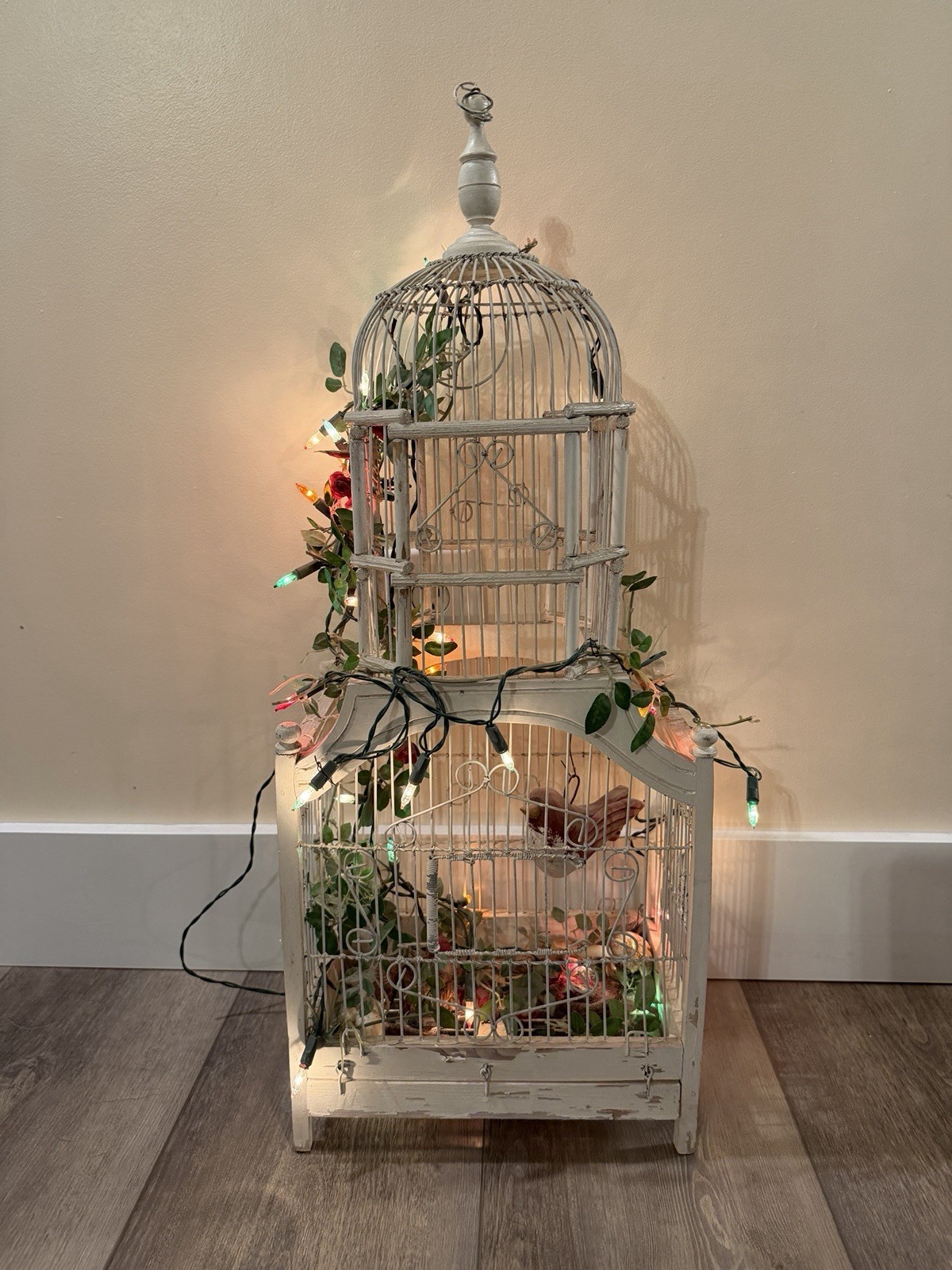Vintage Victorian Wood and Wire Metal Dome Bird Cage White shabby collage chic