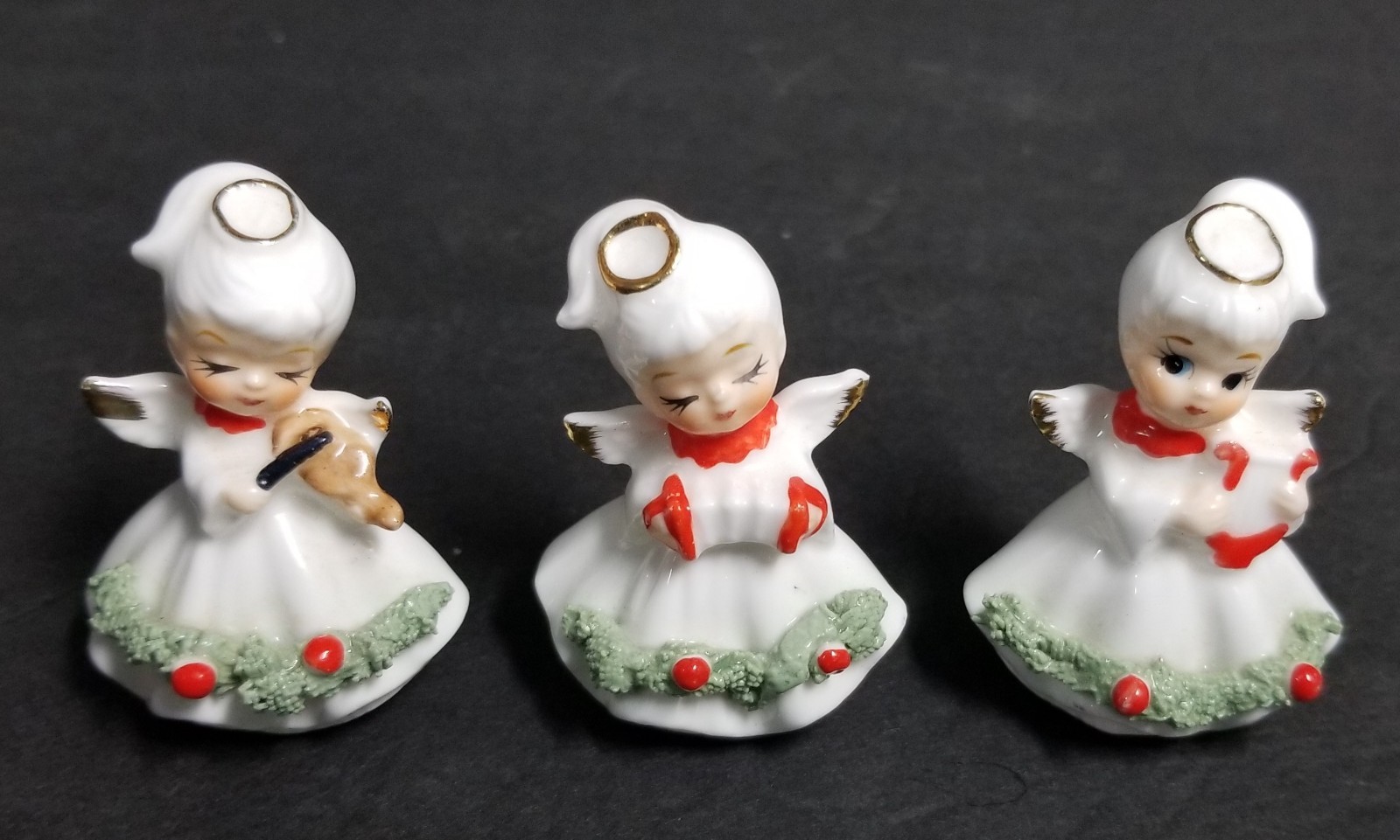 3 Vtg Napco Bone China Christmas Angel Mini Musician Figurines Spaghetti Trim 2\