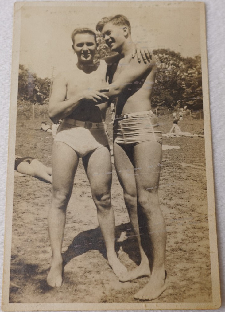 Men Shirtless Hugging Affectionate Swimwear Gay Interest Vintage Original Photo