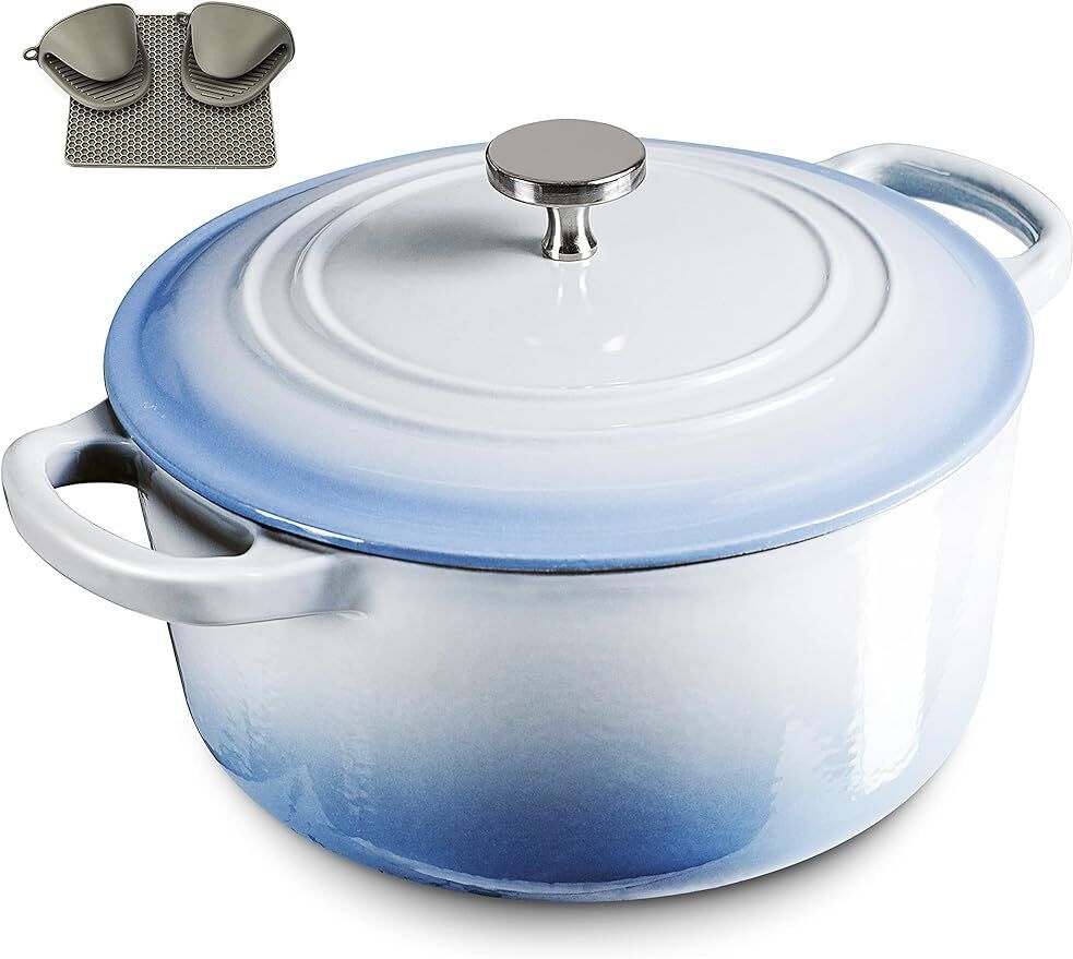 6QT Enamel Cast Iron Dutch Oven with Loop Handles, Covered Dutch Oven