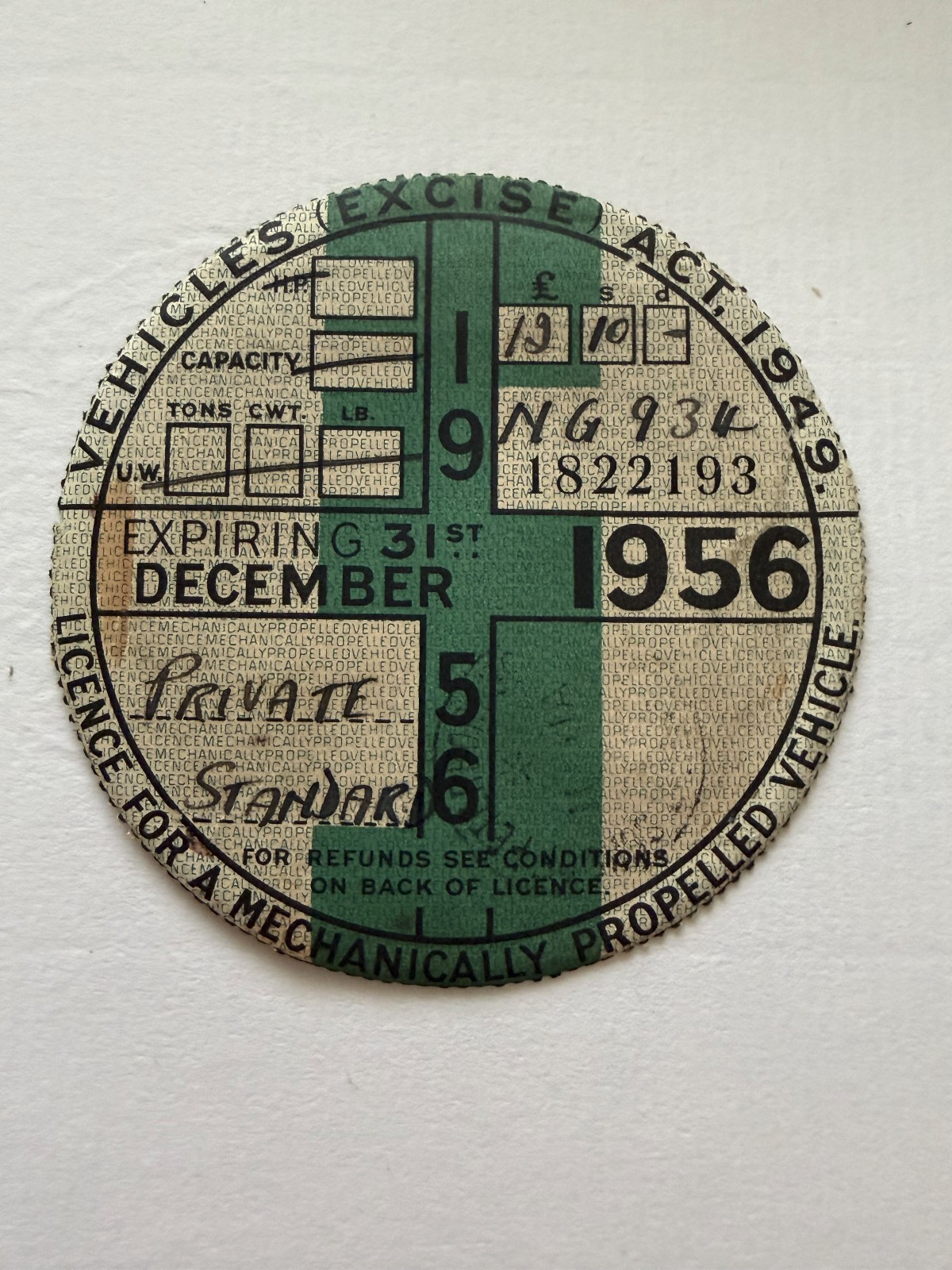 Vintage 1956 Vehile Tax Disc - Orginal NOT a reproduction
