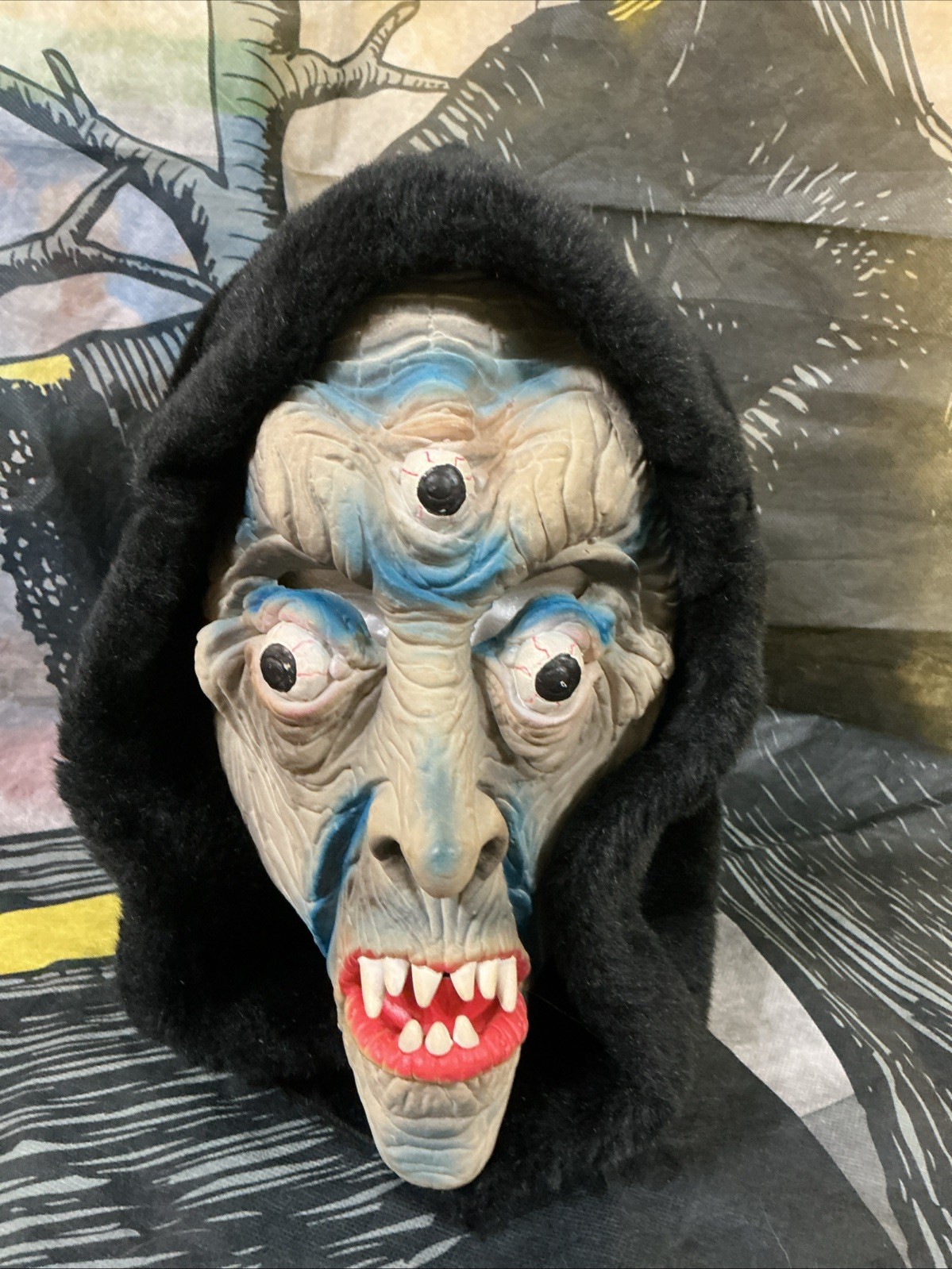 Vintage TOPSTONE Halloween Mask 3 Eyed Ghoul Hooded Rubber Face Faux Fur
