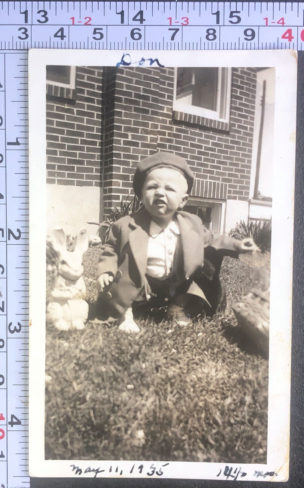 1935 Little Boy Crouching Down Easter Rabbit Bunny Toy BW Photo Snapshot 1935 Little Boy Crouching Down Easter Rabbit Bunny Toy BW Photo Snapshot