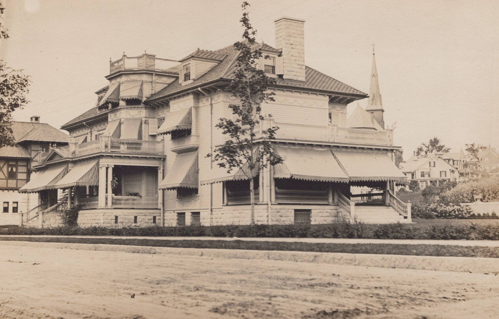 Grand Victorian Mansion RPPC Real Photo Postcard c1910 Houghton Striped Awnings
