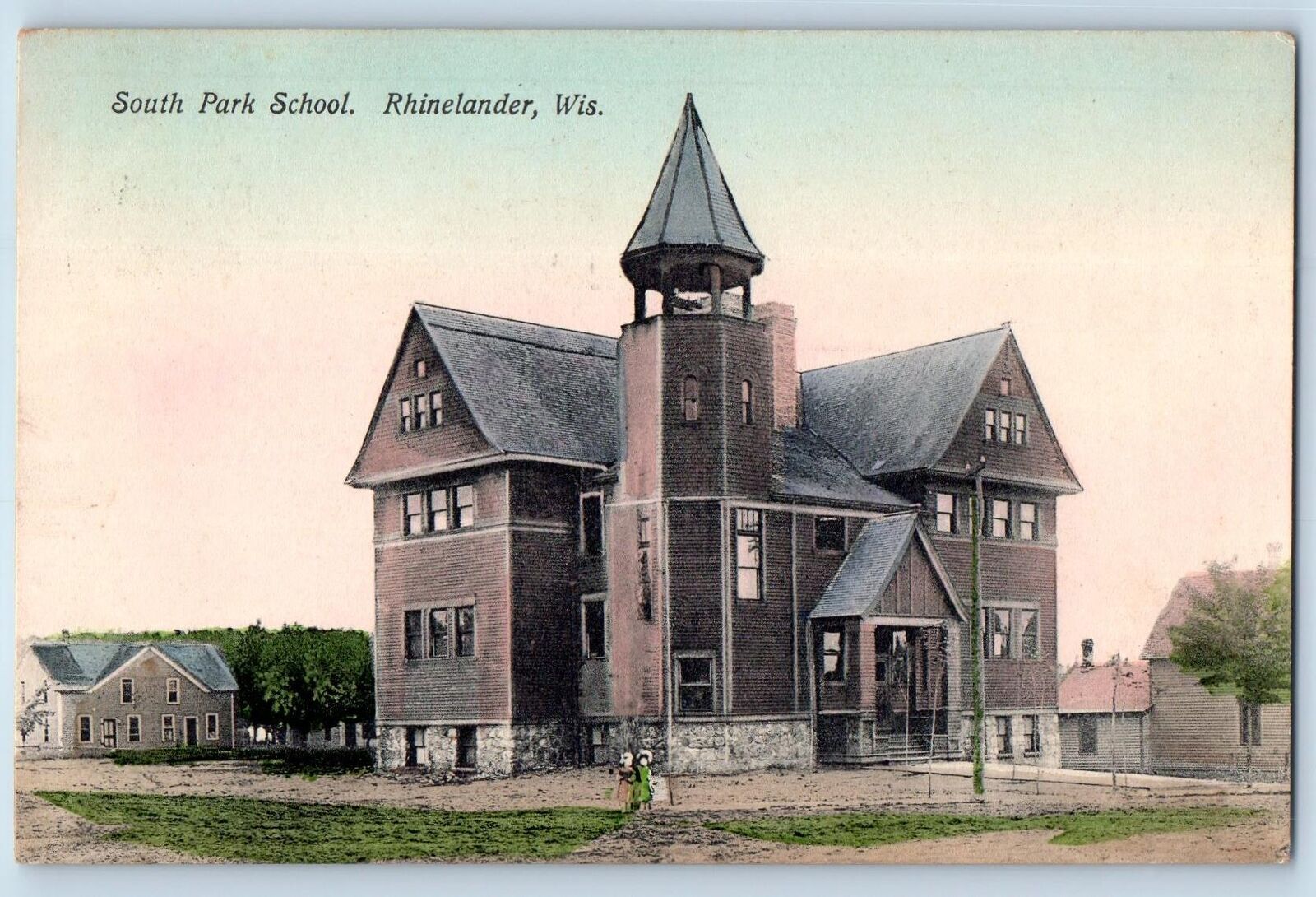 1910 South Park School Campus Building Dirt Road Rhinelander Wisconsin Postcard