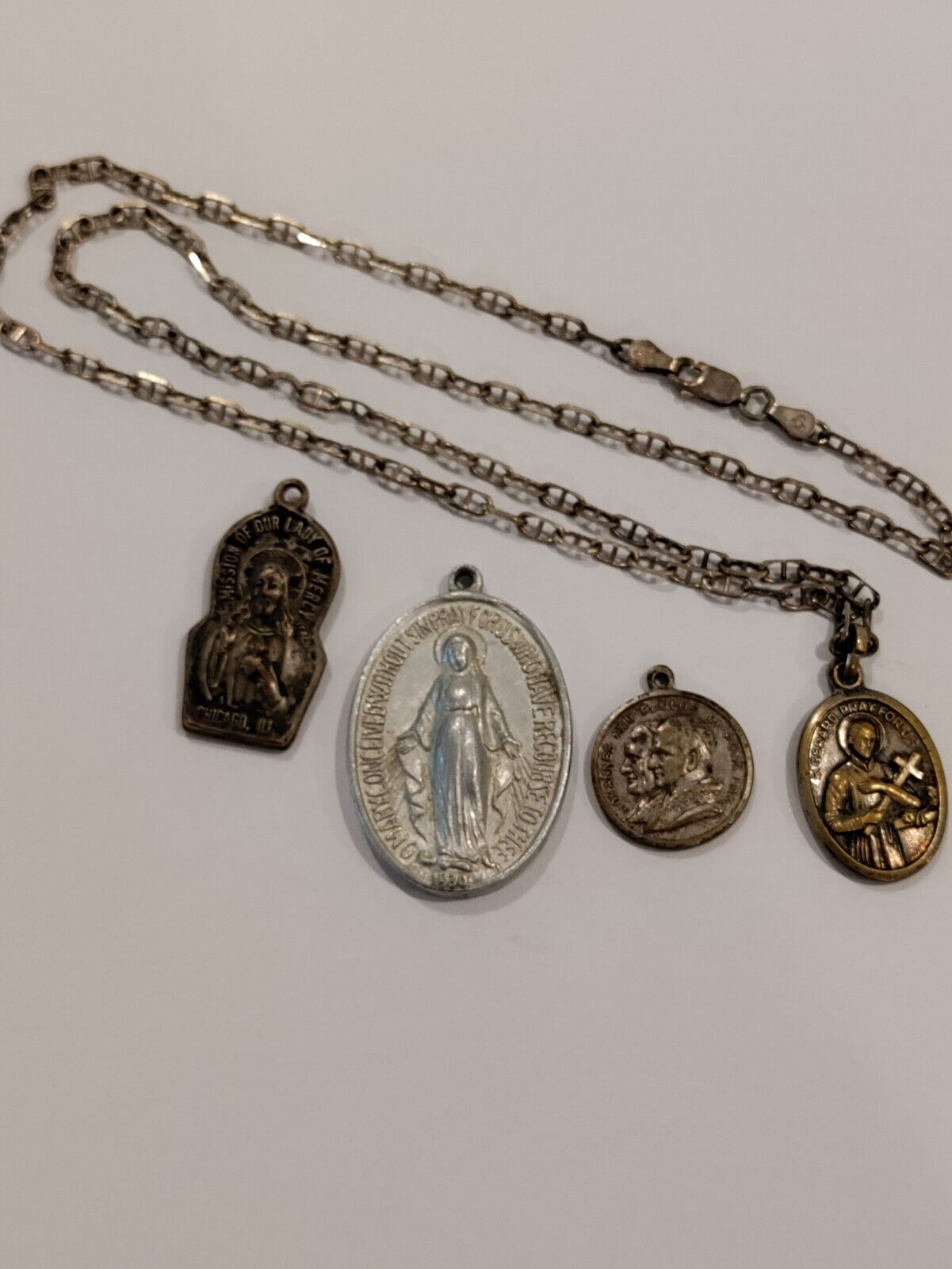 Vintage Religious Medal  Lot With 925 Italy Silver Necklace 