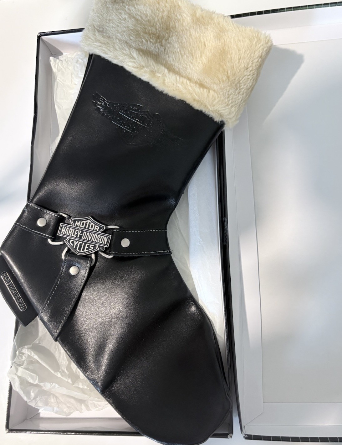Harley Davidson Christmas Stocking Faux Leather & Fur Boot 1997 Cavanagh w/ Box