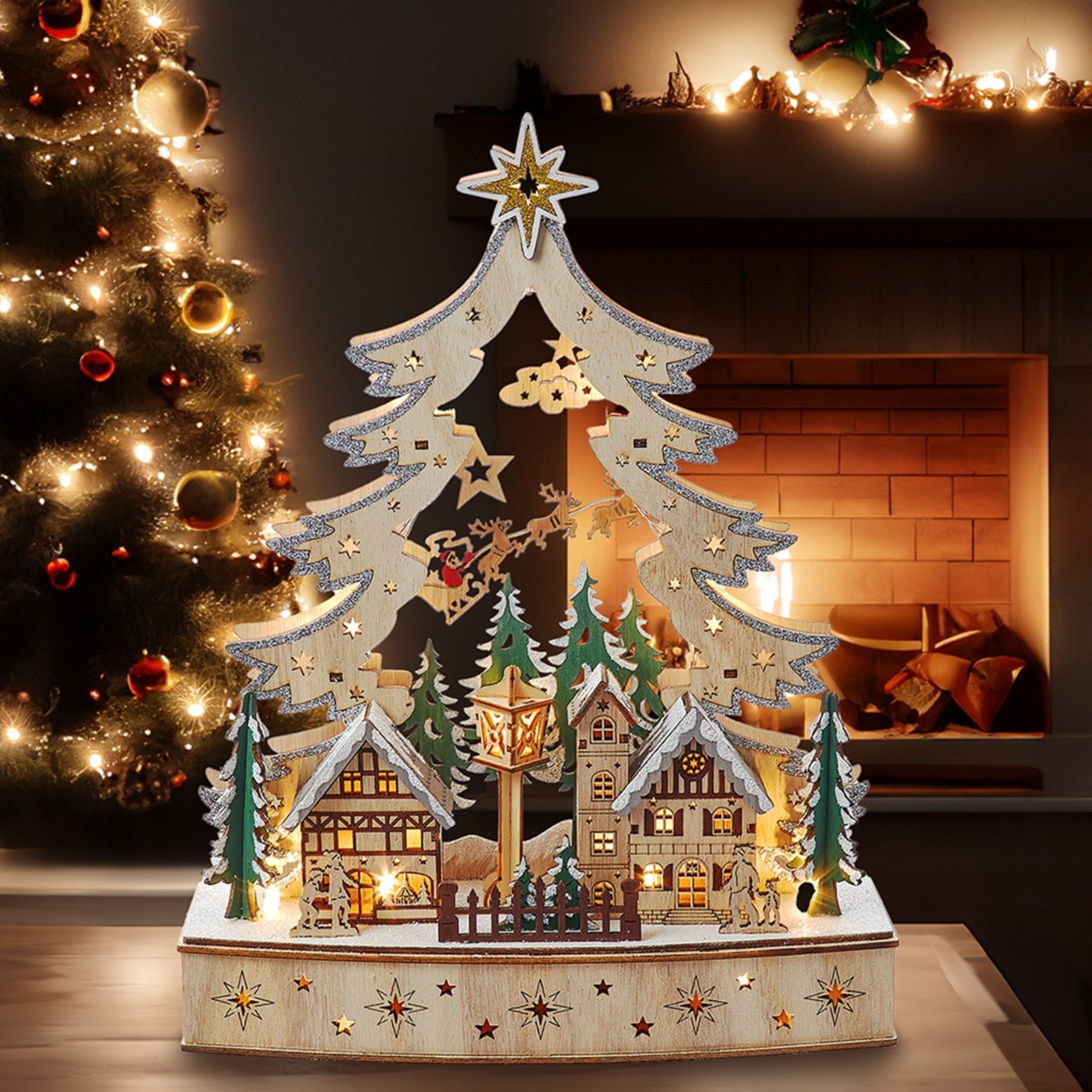 New Kurt Adler Light-Up LED Wooden Christmas Tree Village W Santa JEL1016 MIB