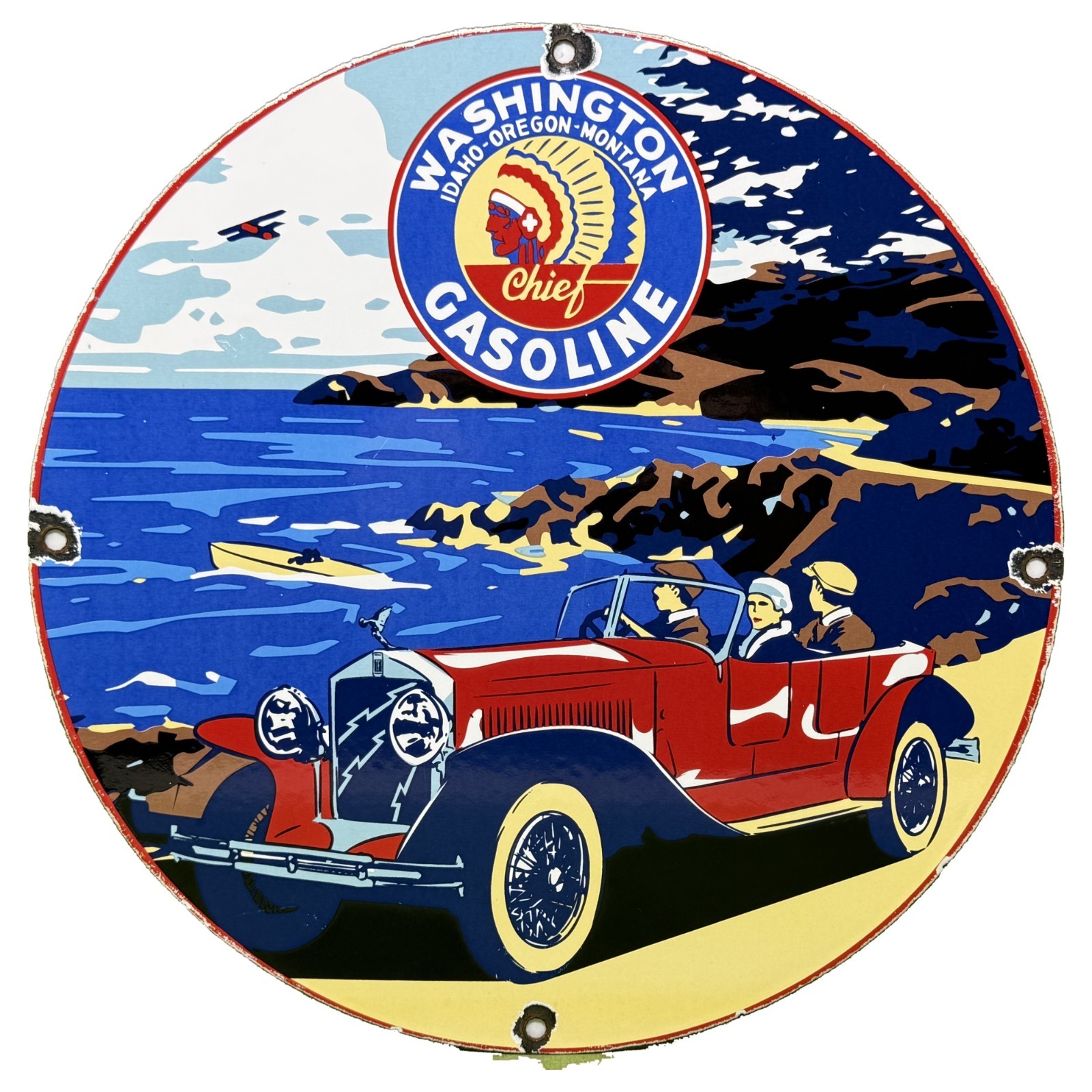 VINTAGE WASHINGTON GASOLINE PORCELAIN SIGN CHIEF ROUND RED ROADSTER GAS STATION