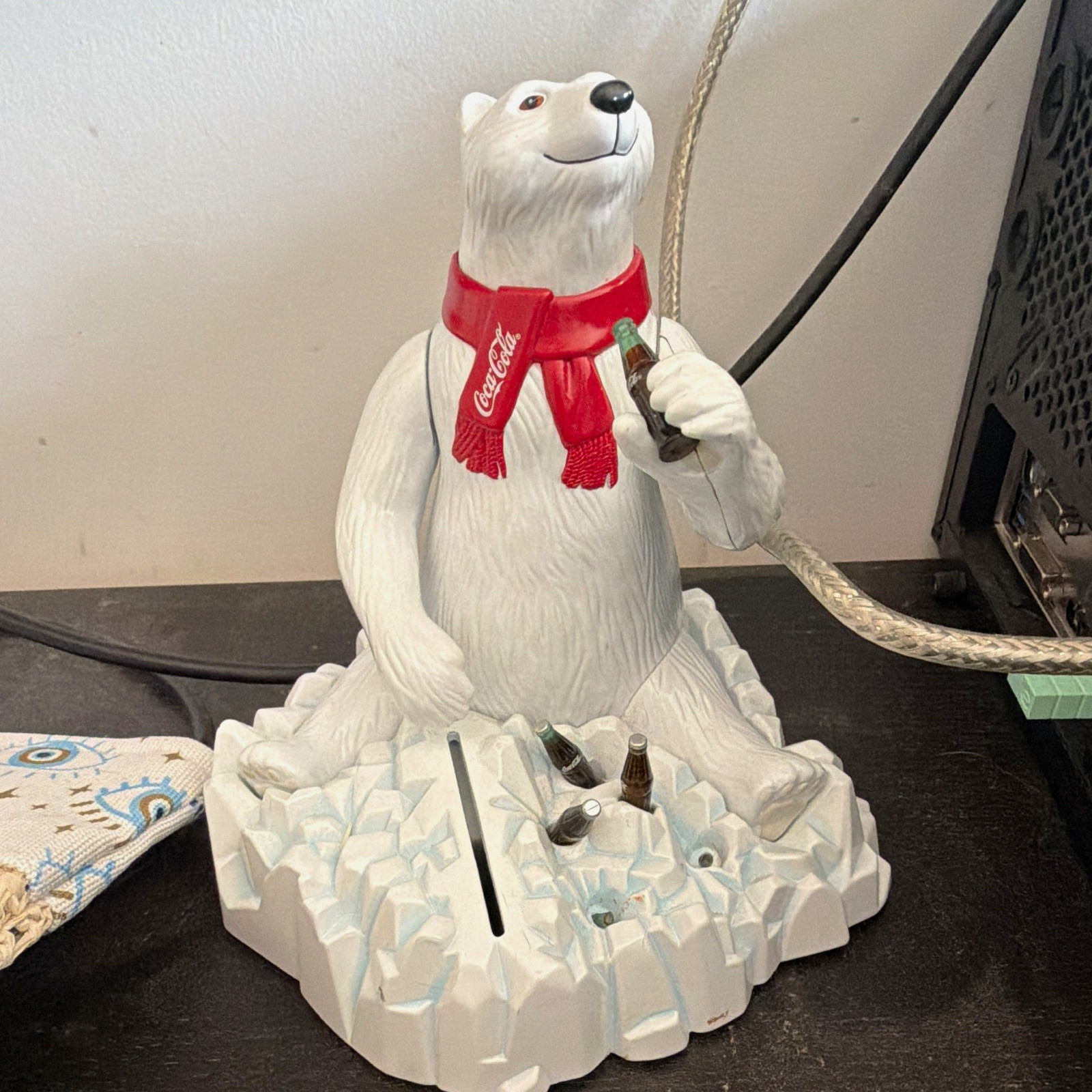Coca-Cola Polar Bear Ceramic Coin Bank w/ Red Scarf & Bottle